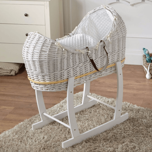 Baby Moses Basket FYLO White Dimple Grey Wicker Moses Basket With Grey Rocking Stand - Portable Baby Bed Moses Basket With Stand Baby Moses Basket FYLO White Dimple Grey Wicker Moses Basket With Grey Rocking Stand - Portable Baby Bed Moses Basket With Stand