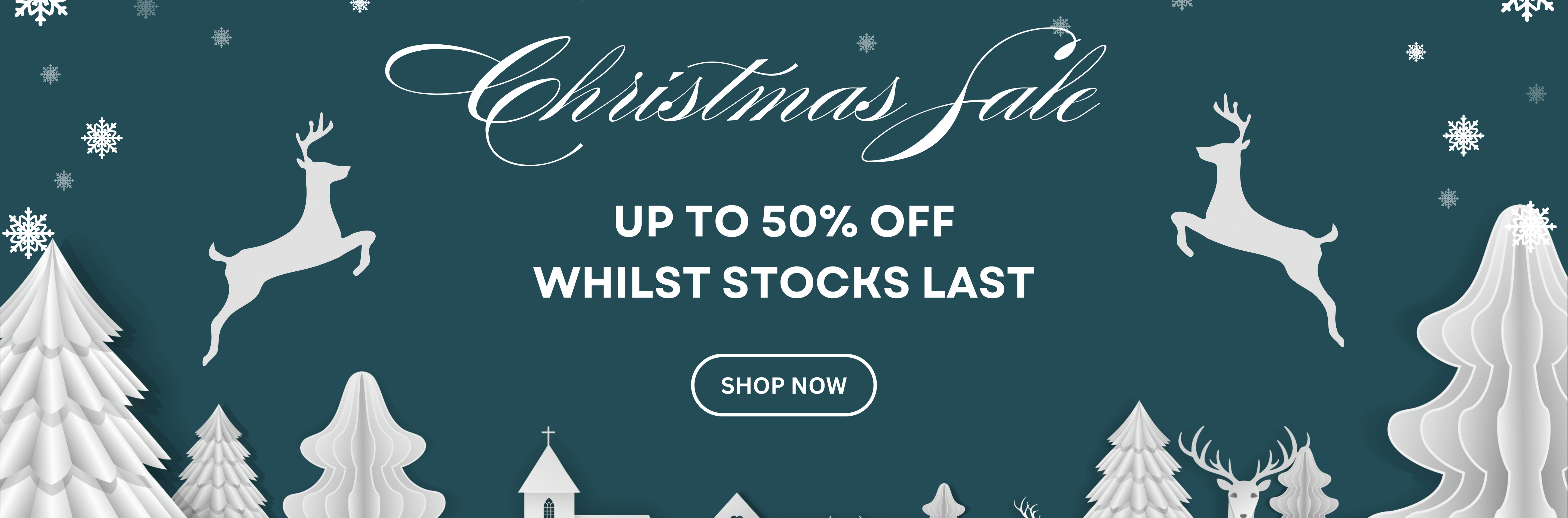 Winter scene with reindeer, trees, and a church, featuring a Christmas sale promotion.