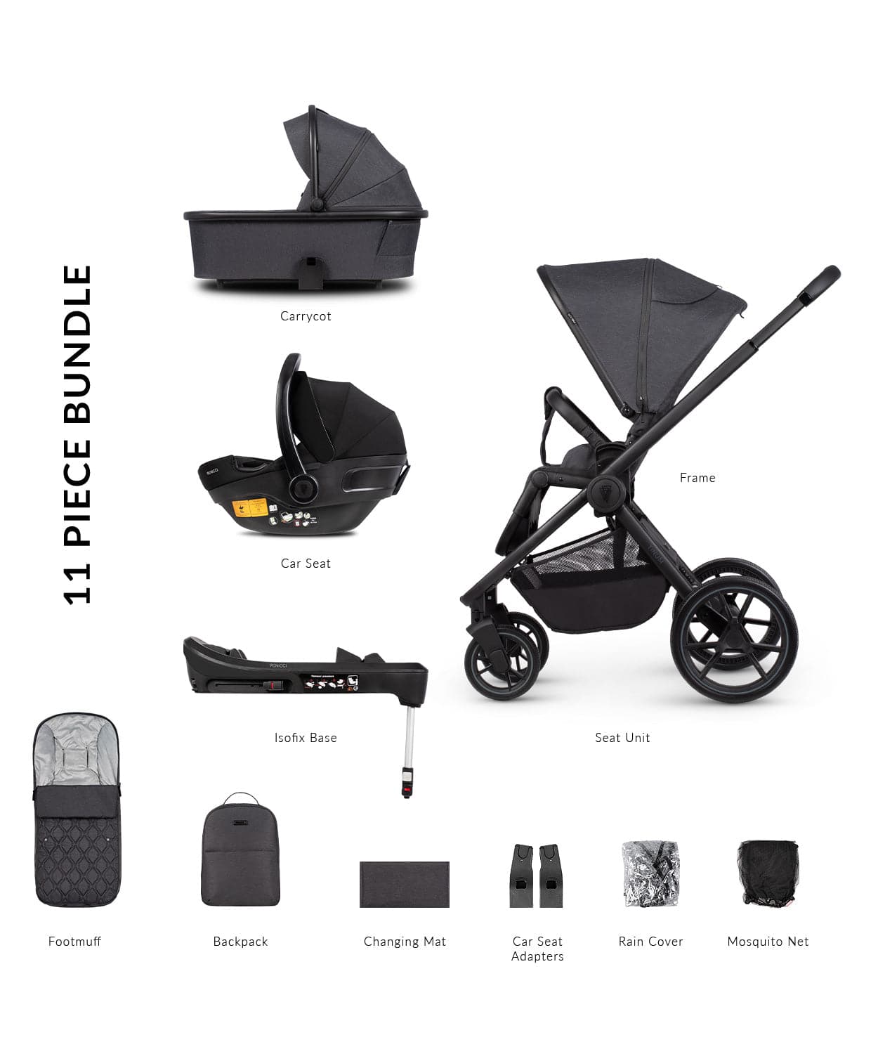 Venicci Tinum Edge 3 In 1 + Base Bundle Travel System - Charcoal -  | For Your Little One