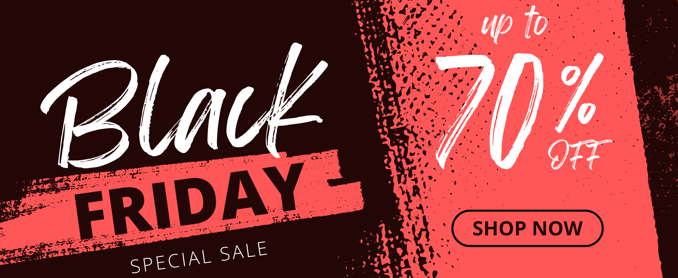 Black Friday sale advertisement with 'Up to 70% Off' and 'Shop Now' button on a red and black background.