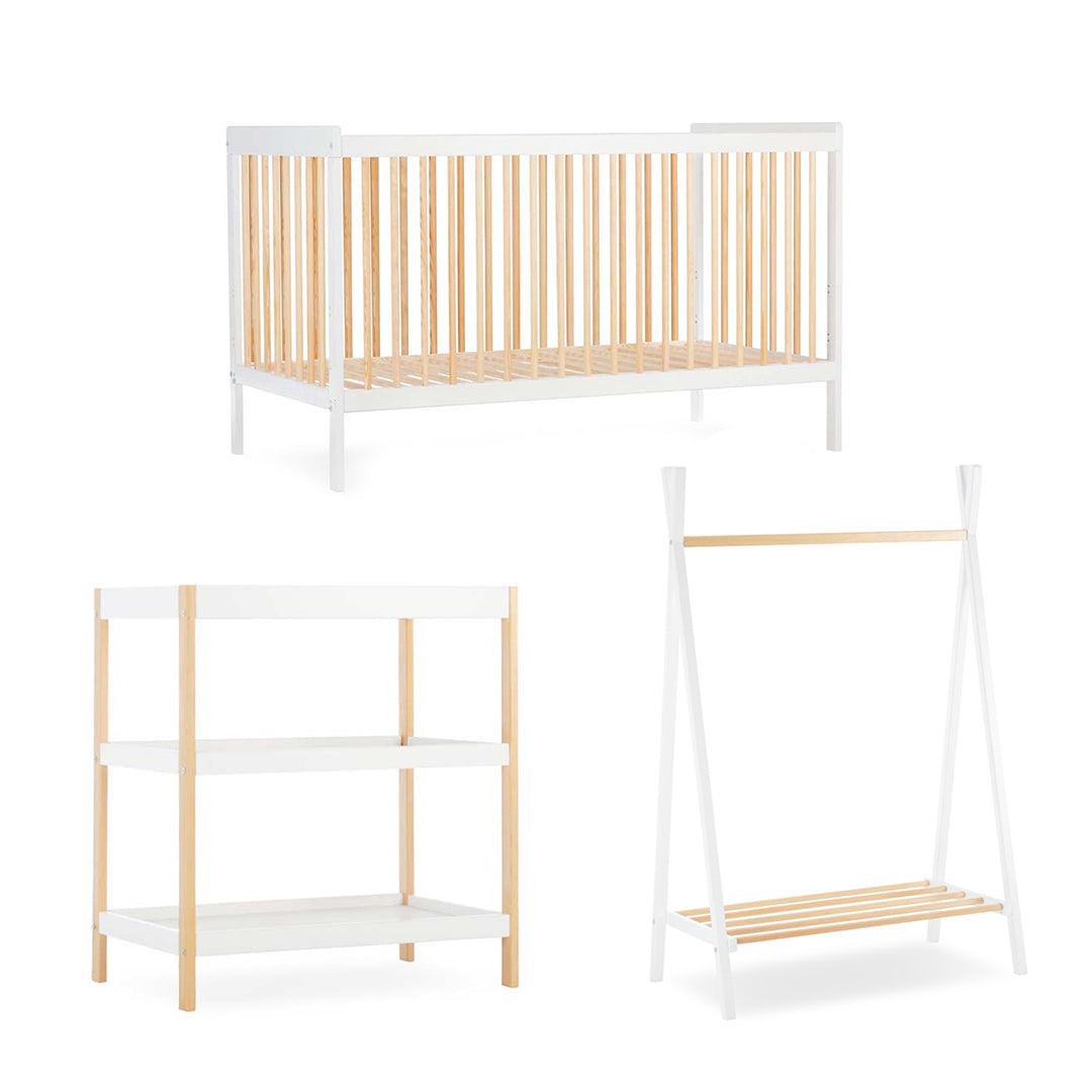 CuddleCo Nola 3 Piece Set Changer, Cot Bed + Clothes Rail - White/Natural - For Your Little One