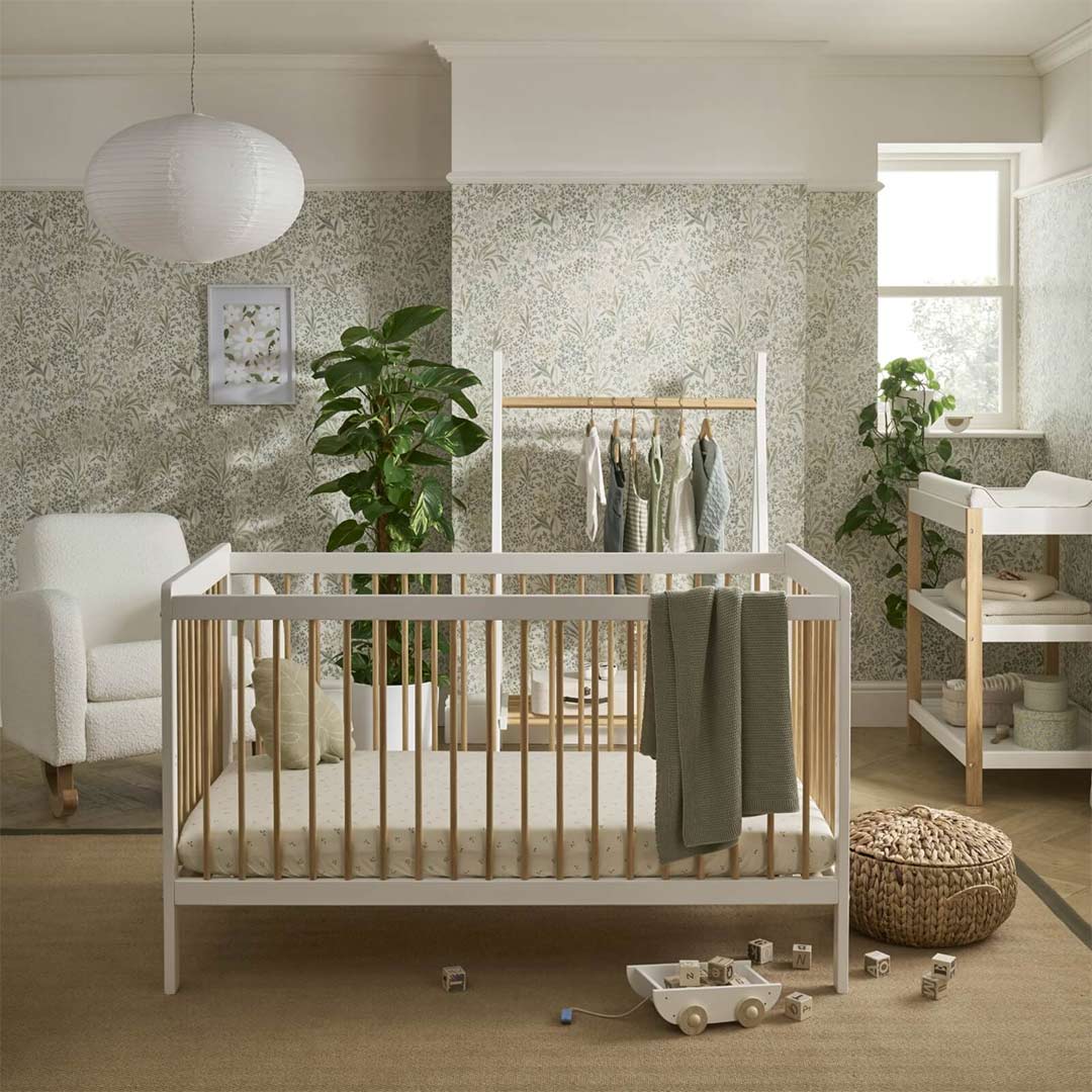 CuddleCo Nola 3 Piece Set Changer, Cot Bed + Clothes Rail - White/Natural - For Your Little One