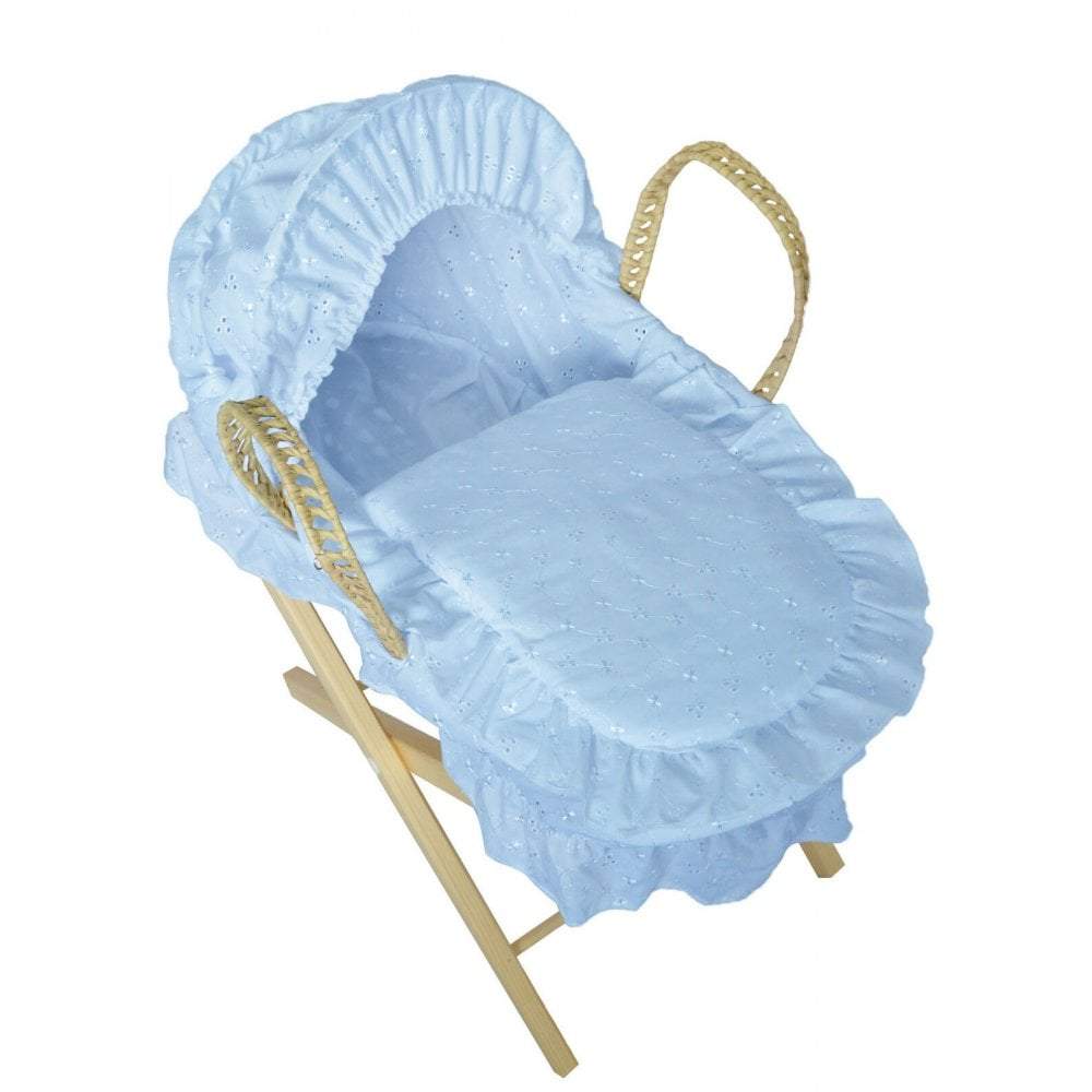 Beautiful Broderie Anglaise Dolls Moses Basket - Blue - For Your Little One
