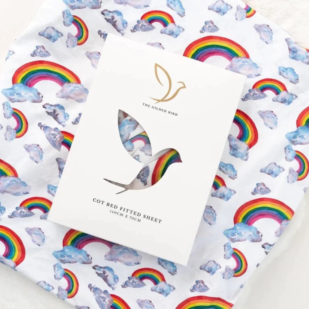Gilded Bird Rainbow on White Fitted Cot Sheet - For Your Little One