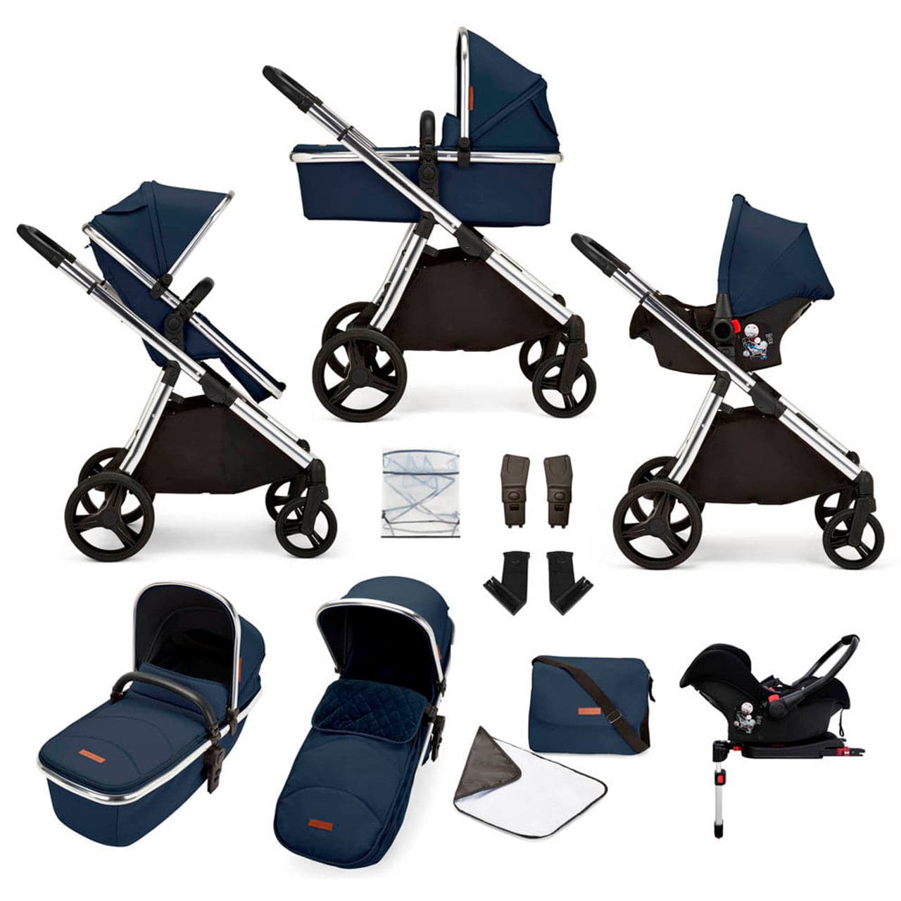 Ickle bubba Eclipse Travel System with Galaxy Car Seat and Isofix Base - Chrome / Midnight Blue / Tan - | For Your Little One