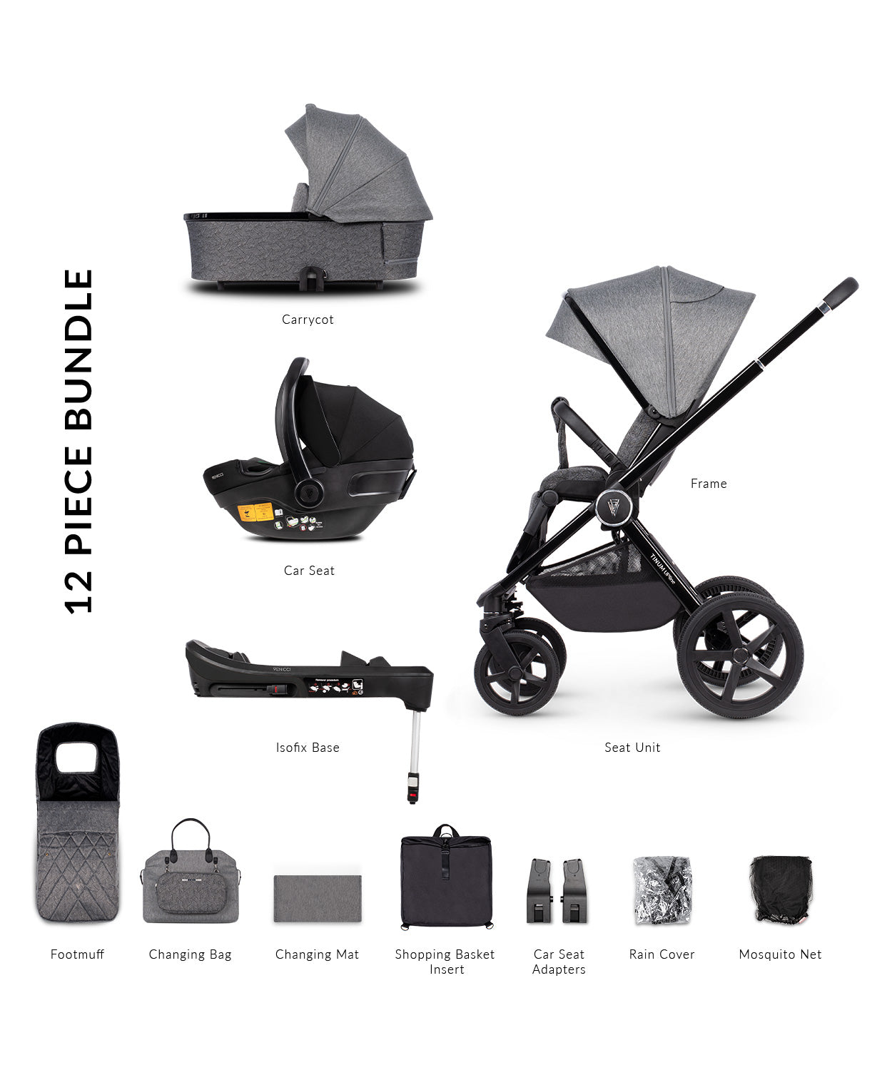 Venicci Tinum Upline 3 in 1 Travel System Bundle + Base - Slate Grey - For Your Little One