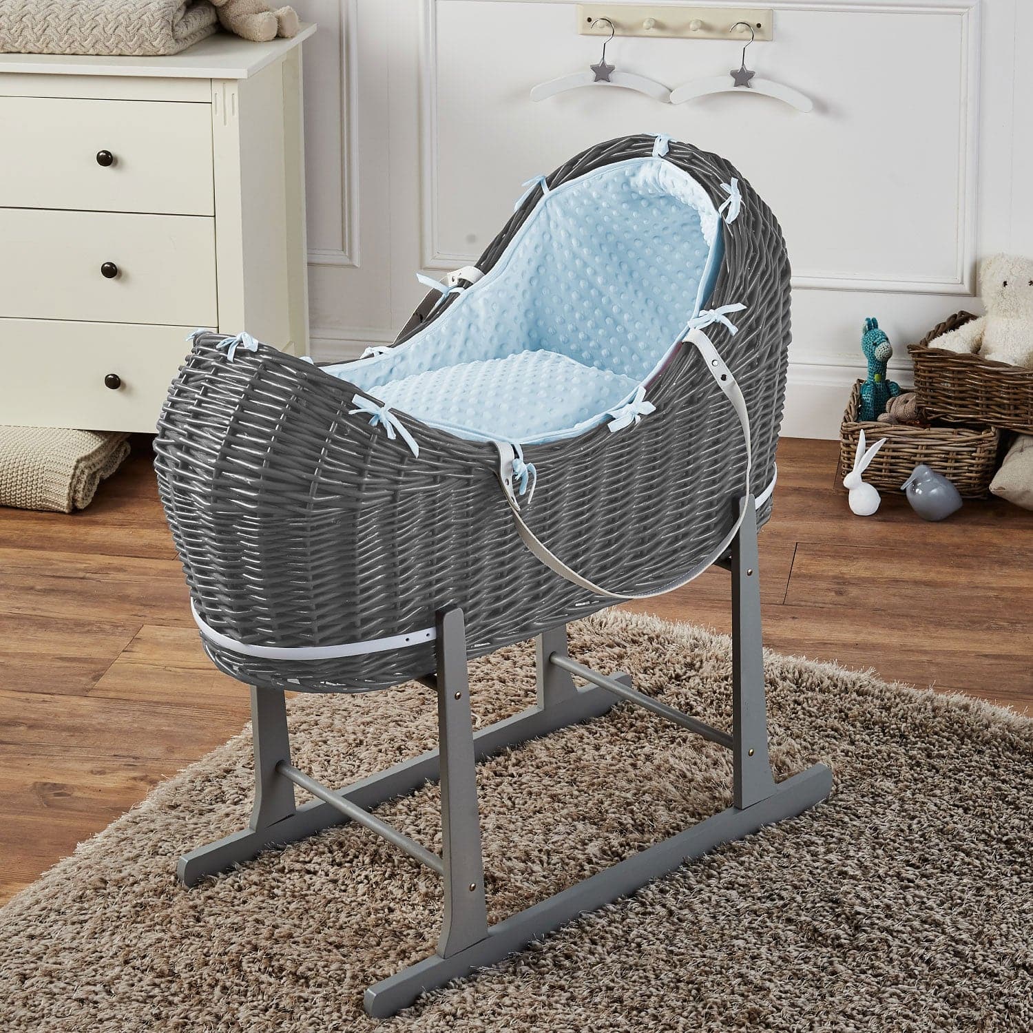 Wicker Deluxe Pod Baby Moses Basket With Stand - Grey / Dimple / Blue | For Your Little One