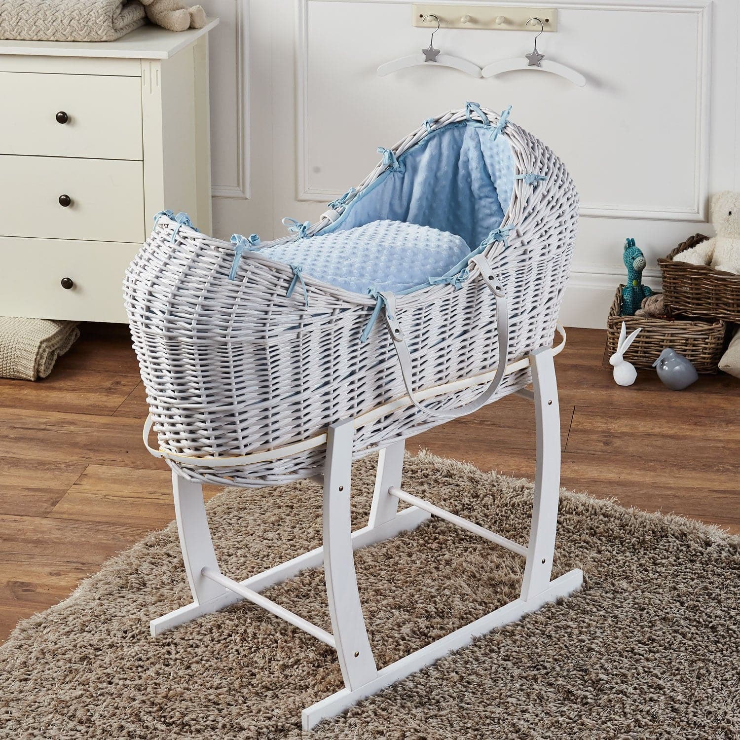 Wicker Deluxe Pod Baby Moses Basket With Stand - White / Dimple / Blue | For Your Little One