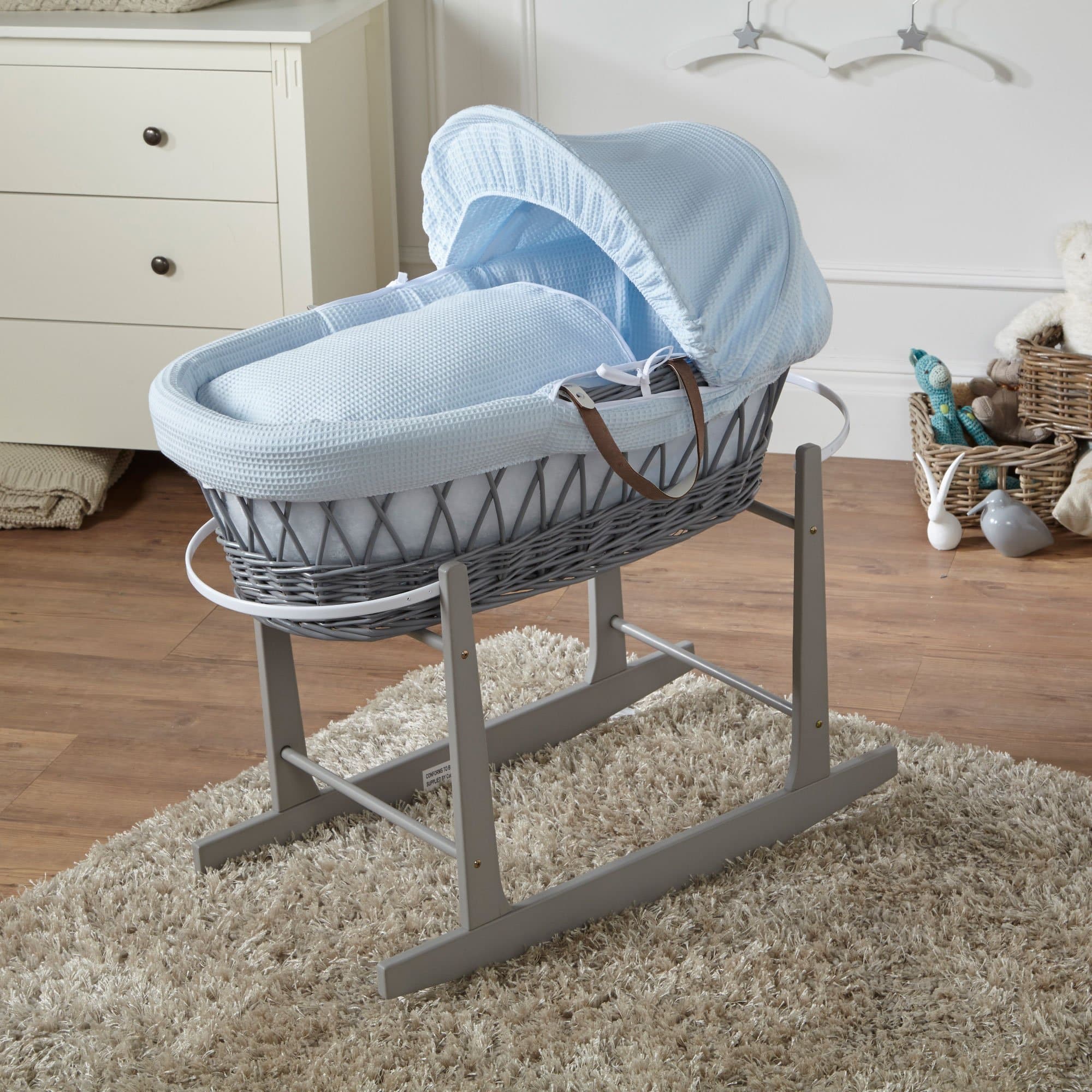 Wicker Baby Moses Basket With Stand Grey Waffle Blue
