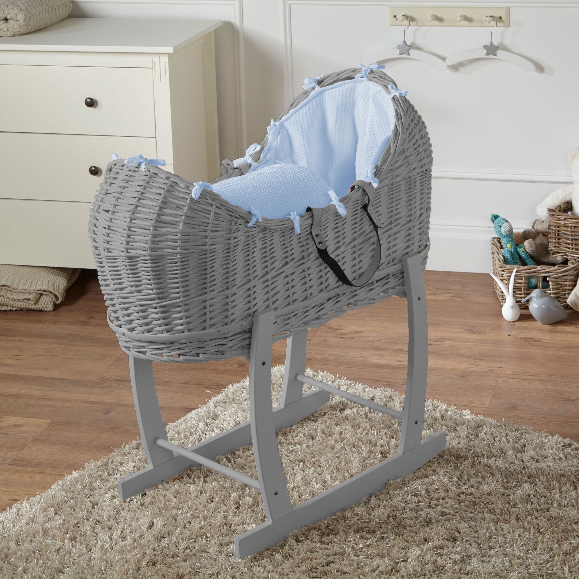 Wicker Deluxe Pod Baby Moses Basket With Stand - Grey / Waffle / Blue | For Your Little One