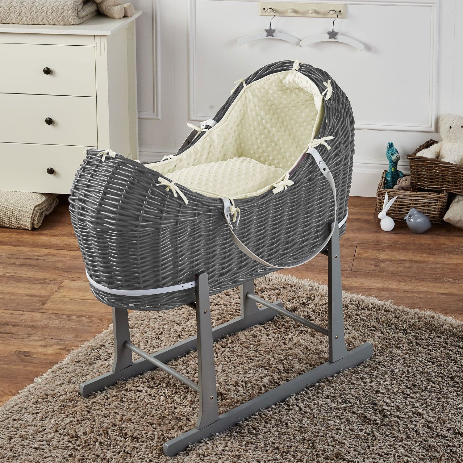Wicker Deluxe Pod Baby Moses Basket With Stand - Grey / Dimple / Cream | For Your Little One