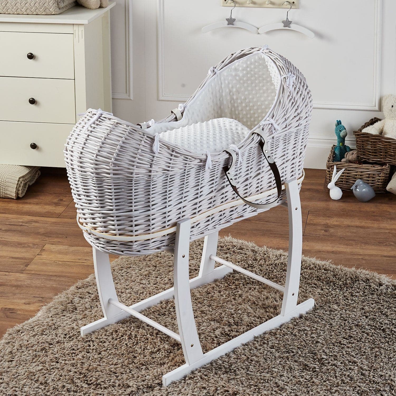 Wicker Deluxe Pod Baby Moses Basket With Stand - White / Dimple / White | For Your Little One