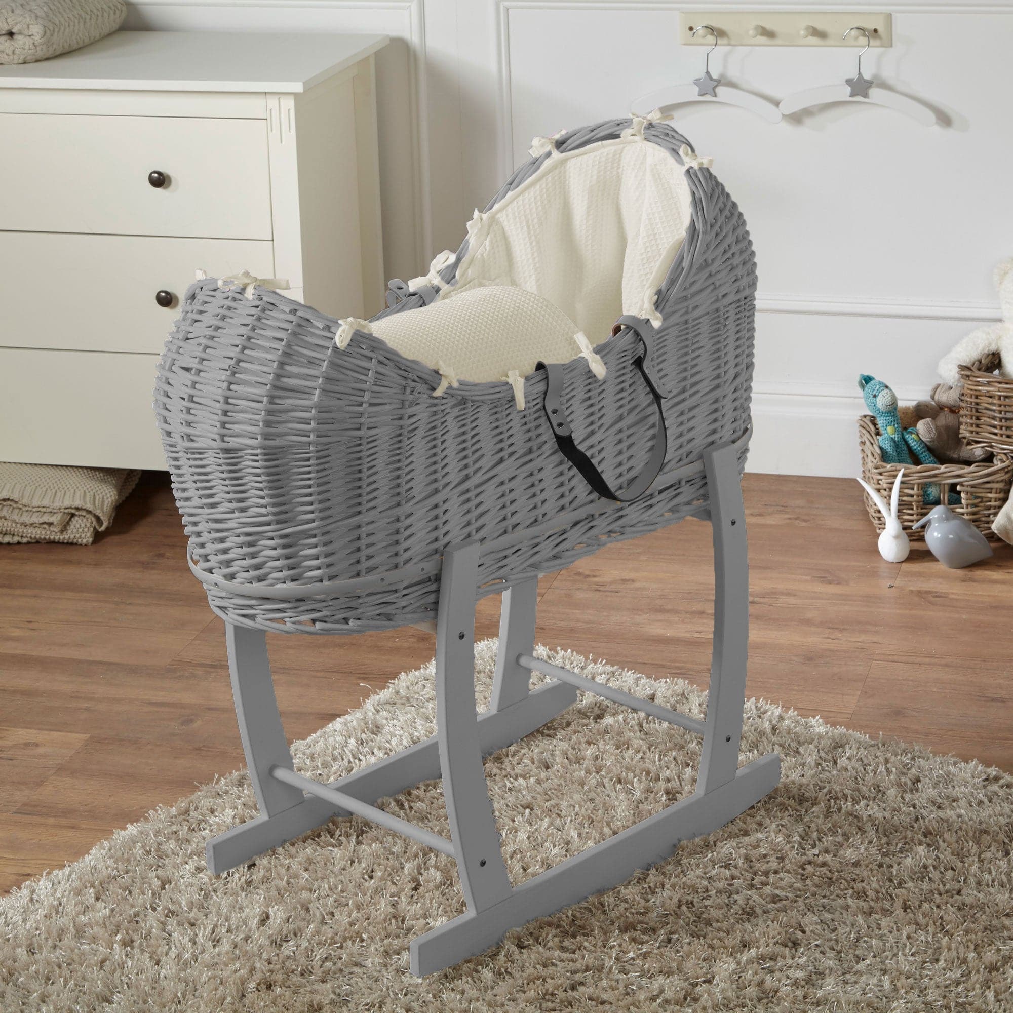 Wicker Deluxe Pod Baby Moses Basket With Stand - Grey / Waffle / Cream | For Your Little One