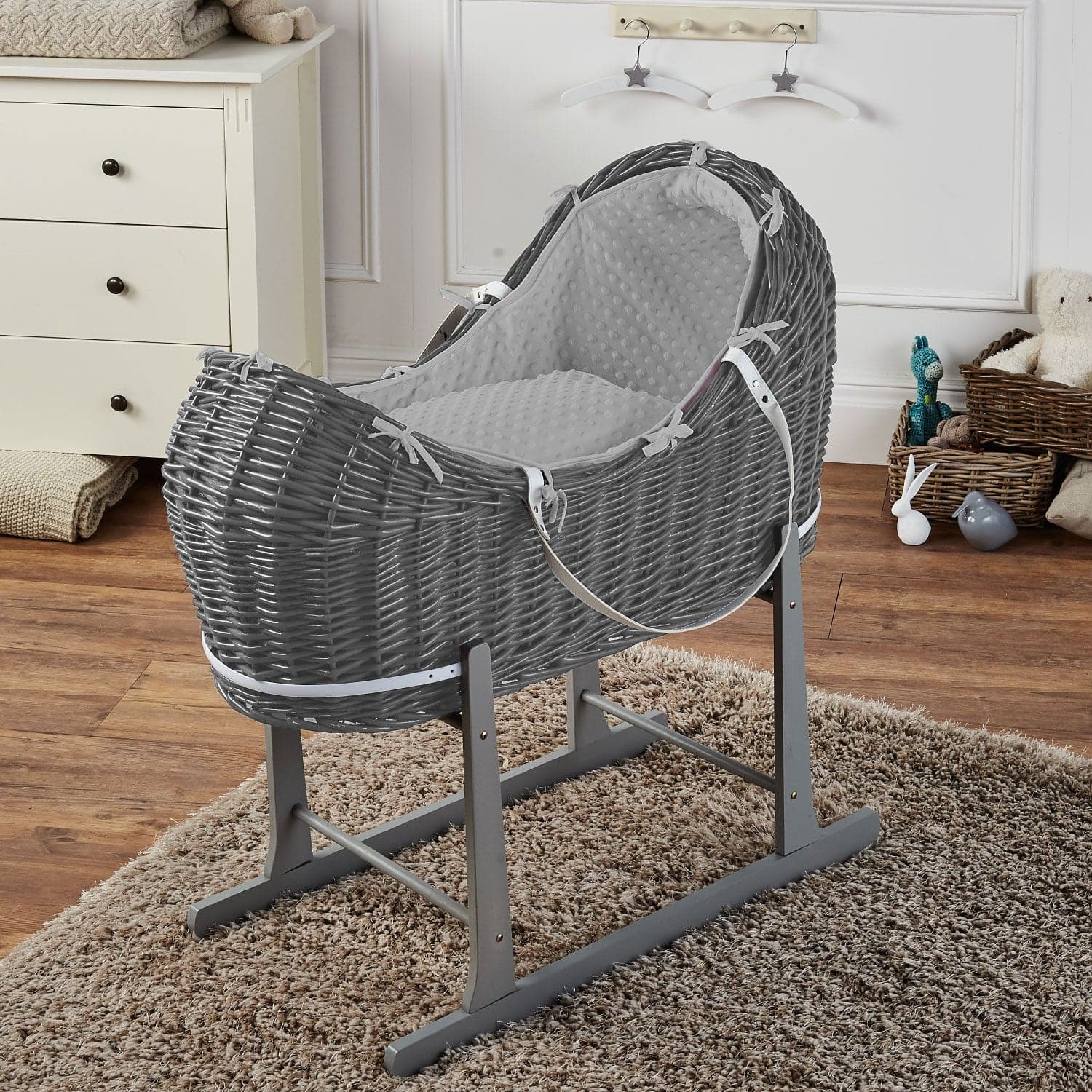 Wicker Deluxe Pod Baby Moses Basket With Stand - Grey / Dimple / Grey | For Your Little One