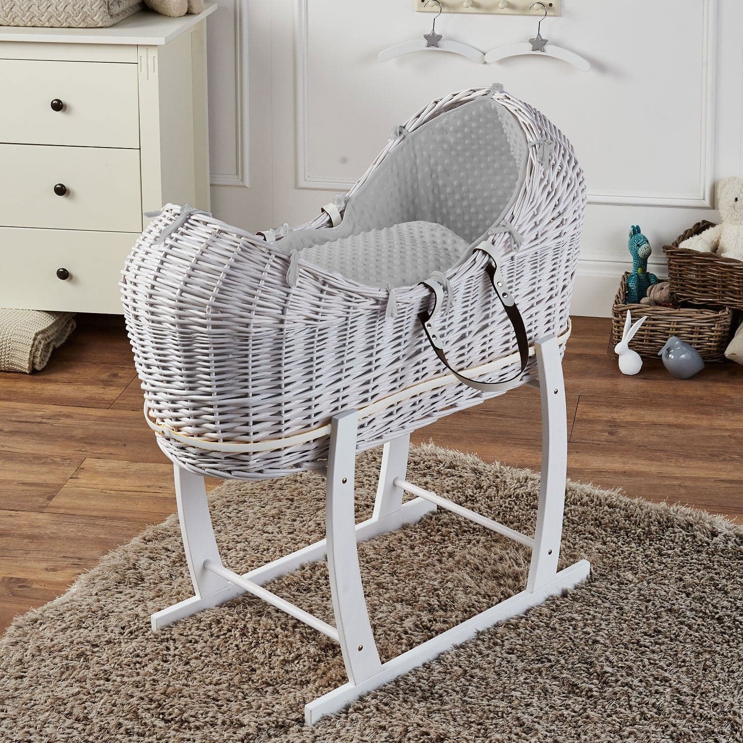 Wicker Deluxe Pod Baby Moses Basket With Stand - White / Dimple / Grey | For Your Little One