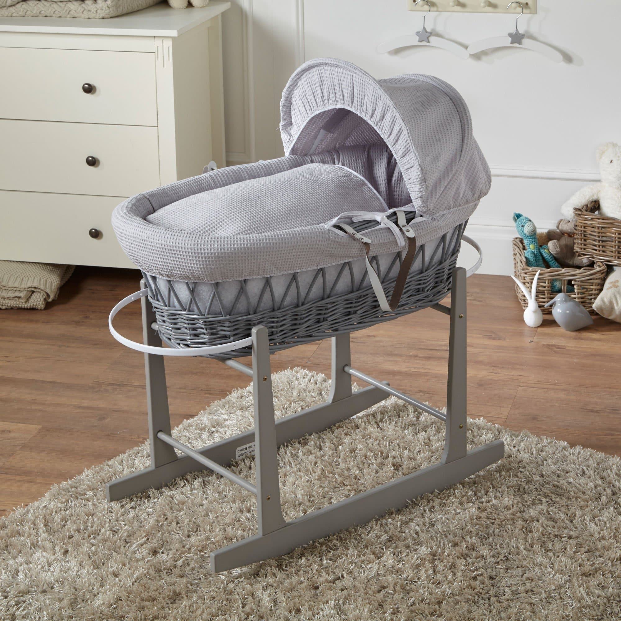 Wicker Baby Moses Basket With Stand Grey Waffle Grey