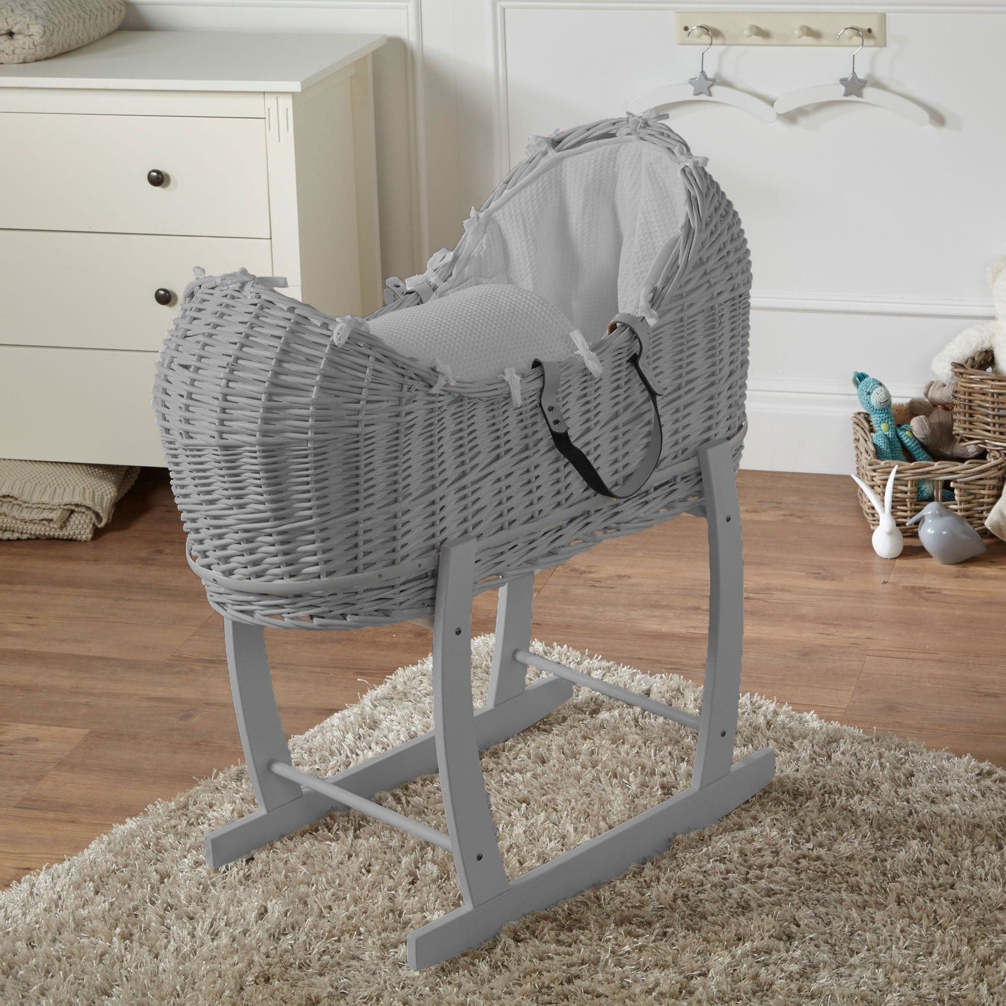 Wicker Deluxe Pod Baby Moses Basket With Stand - Grey / Waffle / Grey | For Your Little One