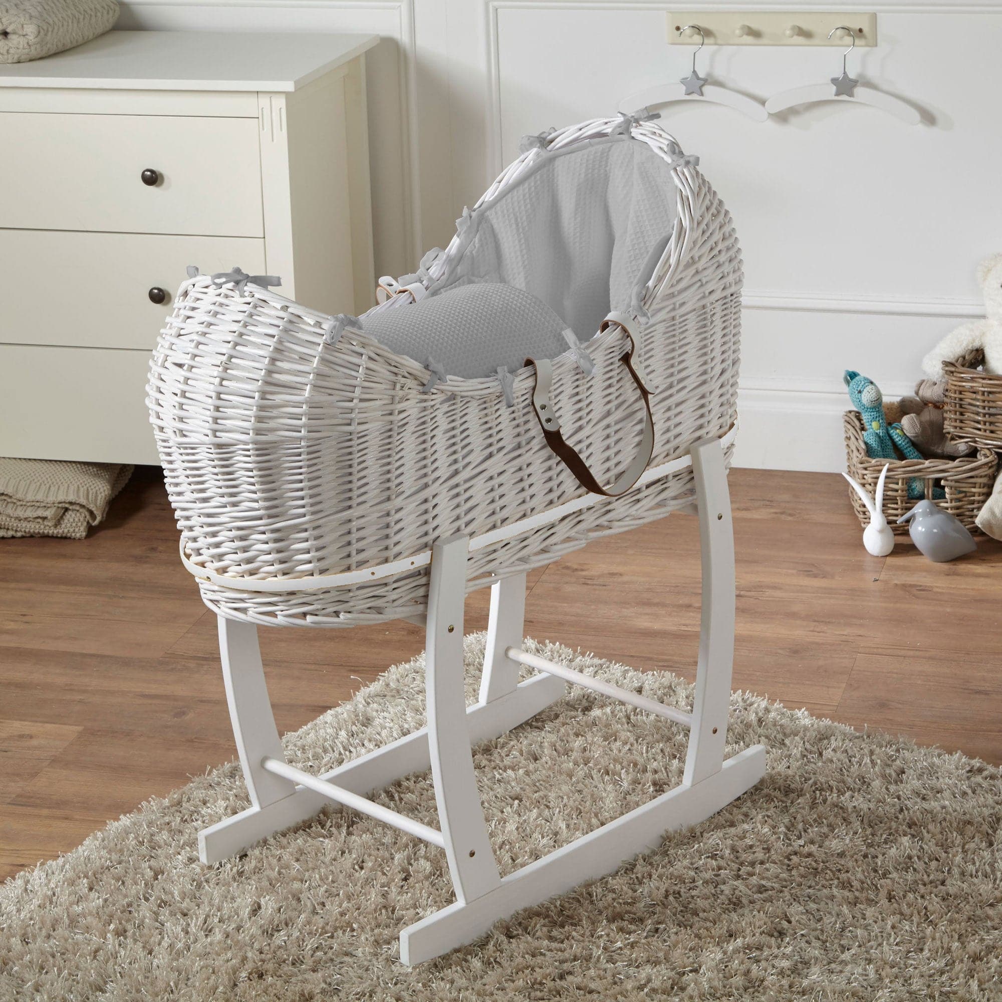 Wicker Deluxe Pod Baby Moses Basket With Stand - White / Waffle / Grey | For Your Little One