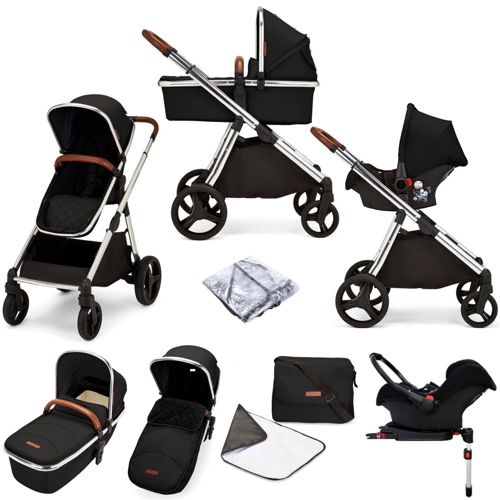 Ickle bubba Eclipse Travel System with Galaxy Car Seat and Isofix Base - Chrome / Jet Black / Tan - | For Your Little One