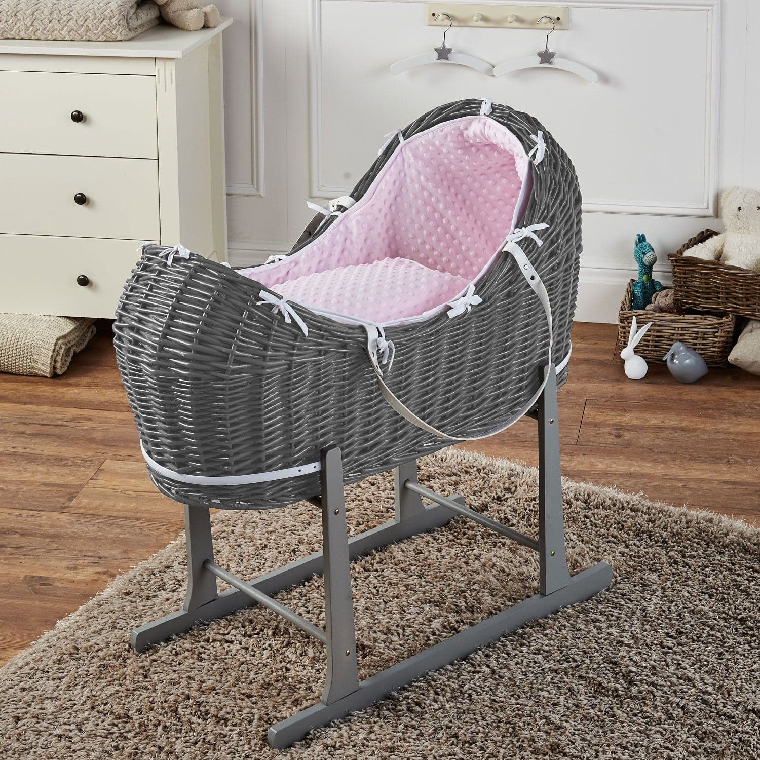 Wicker Deluxe Pod Baby Moses Basket With Stand - Grey / Dimple / Pink | For Your Little One