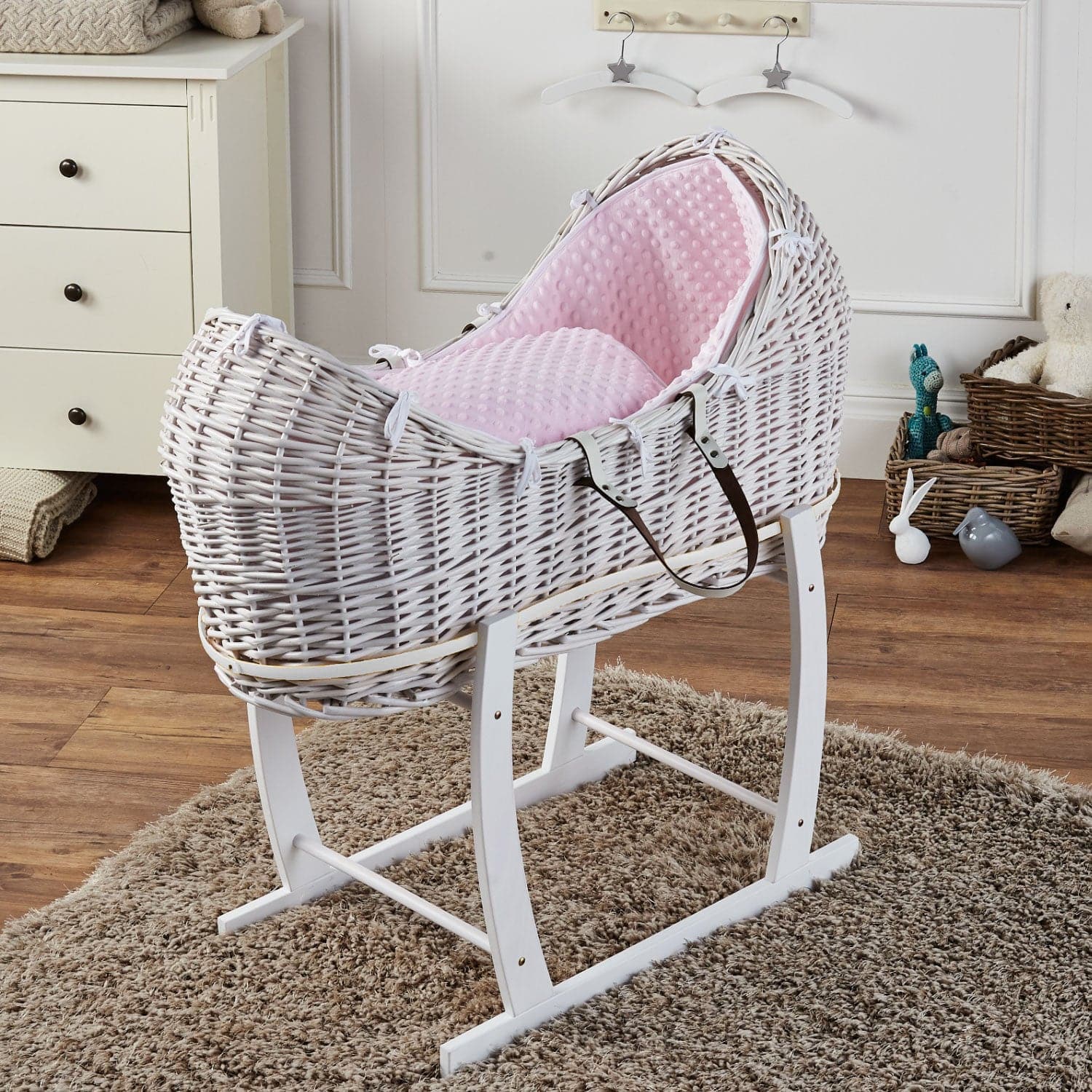 Wicker Deluxe Pod Baby Moses Basket With Stand - White / Dimple / Pink | For Your Little One