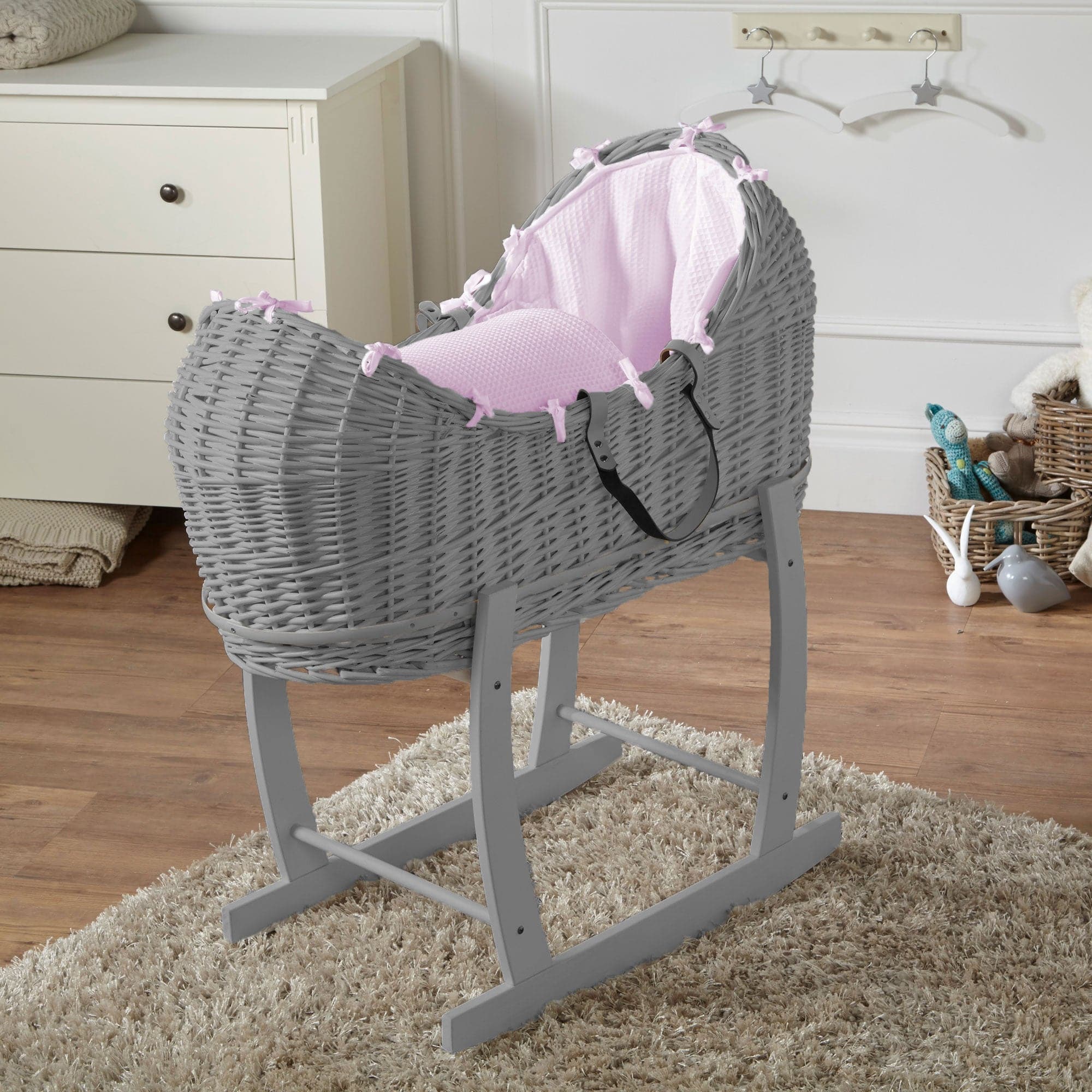 Wicker Deluxe Pod Baby Moses Basket With Stand - Grey / Waffle / Pink | For Your Little One