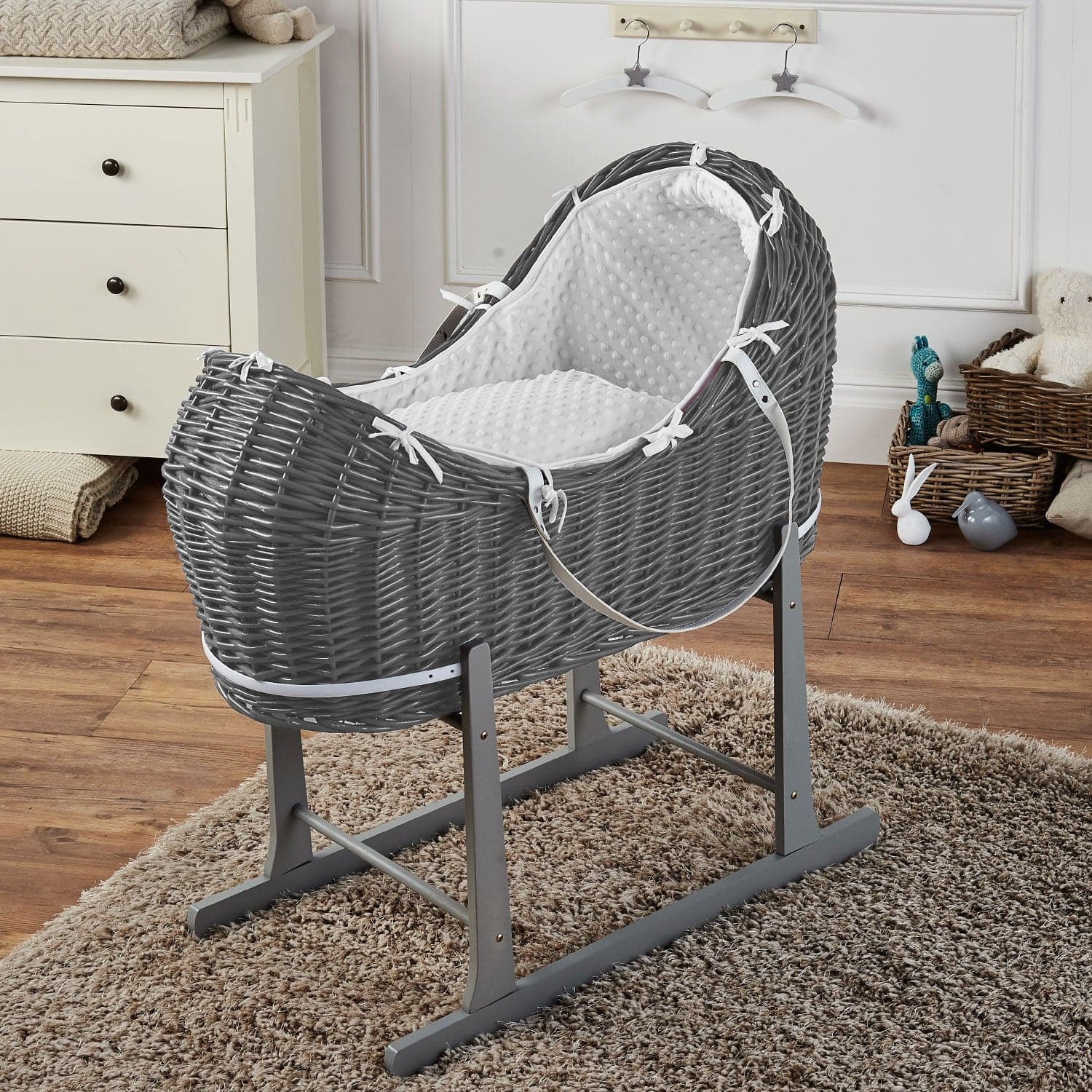 Wicker Deluxe Pod Baby Moses Basket With Stand - Grey / Dimple / White | For Your Little One