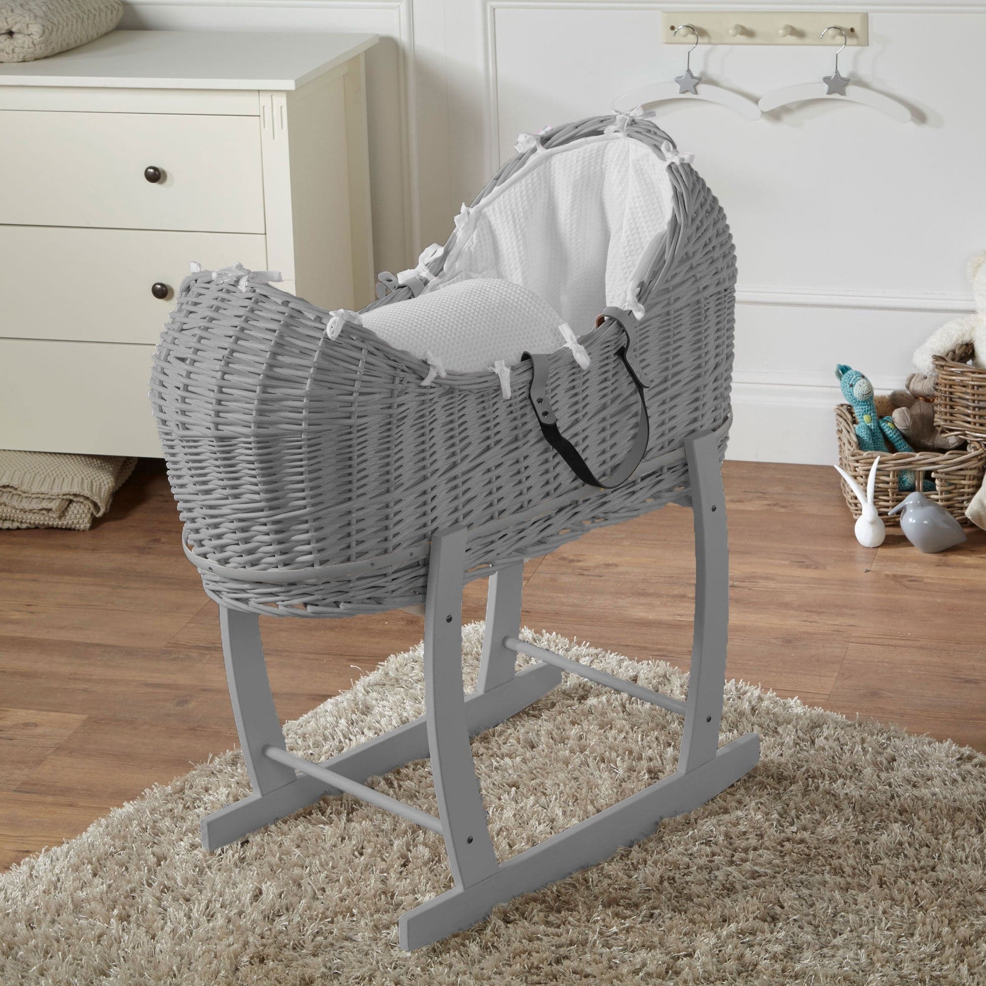 Wicker Deluxe Pod Baby Moses Basket With Stand - Grey / Waffle / White | For Your Little One