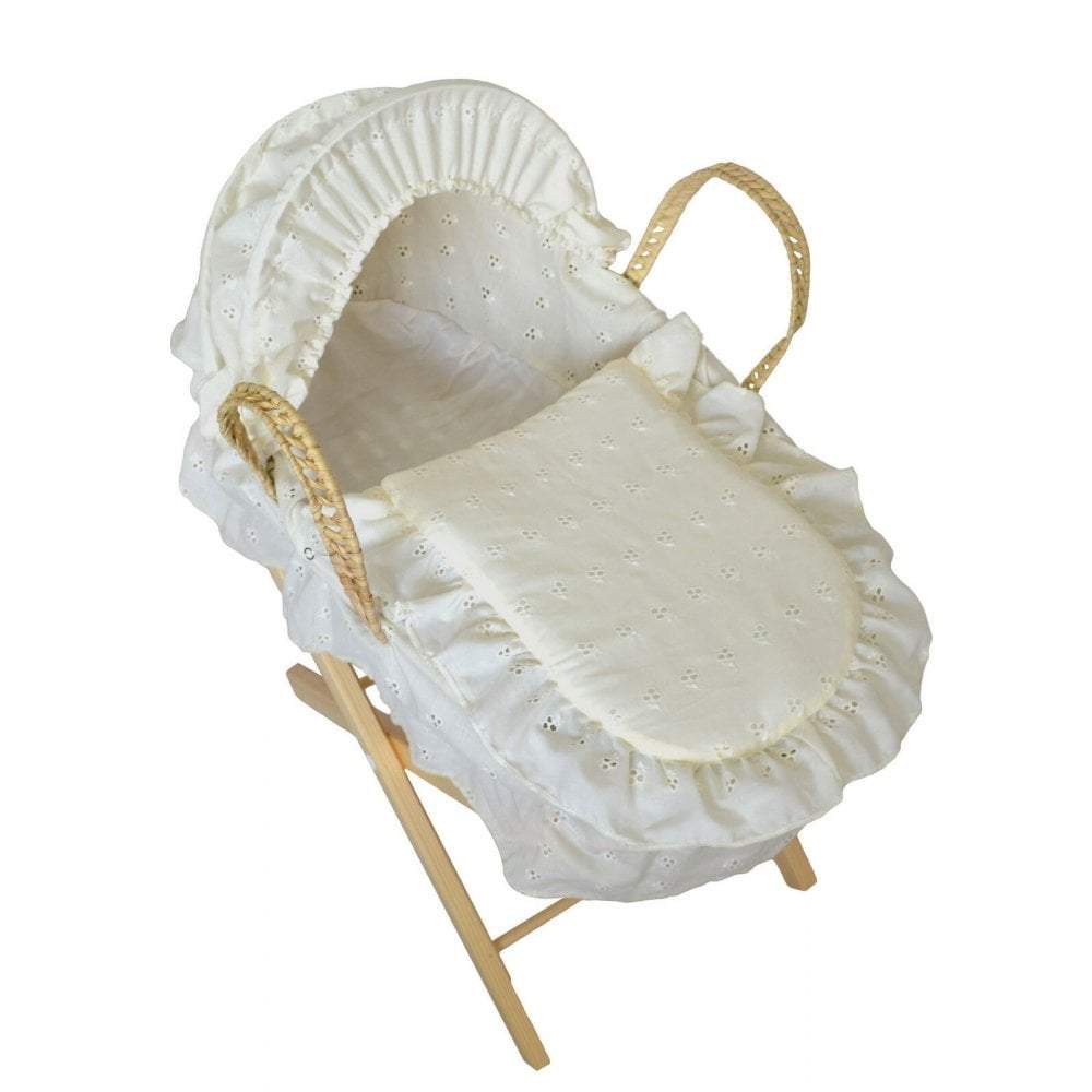 Beautiful Broderie Anglaise Dolls Moses Basket With Stand - Cream - For Your Little One