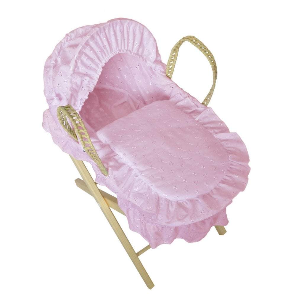 Beautiful Broderie Anglaise Dolls Moses Basket With Stand - Pink - For Your Little One
