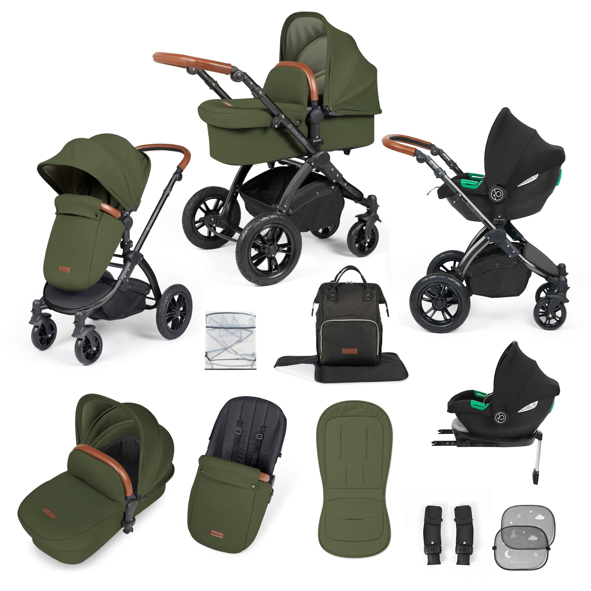 Ickle Bubba Stomp Luxe All-in-One Travel System With Isofix Base - Black / Woodland / Tan   