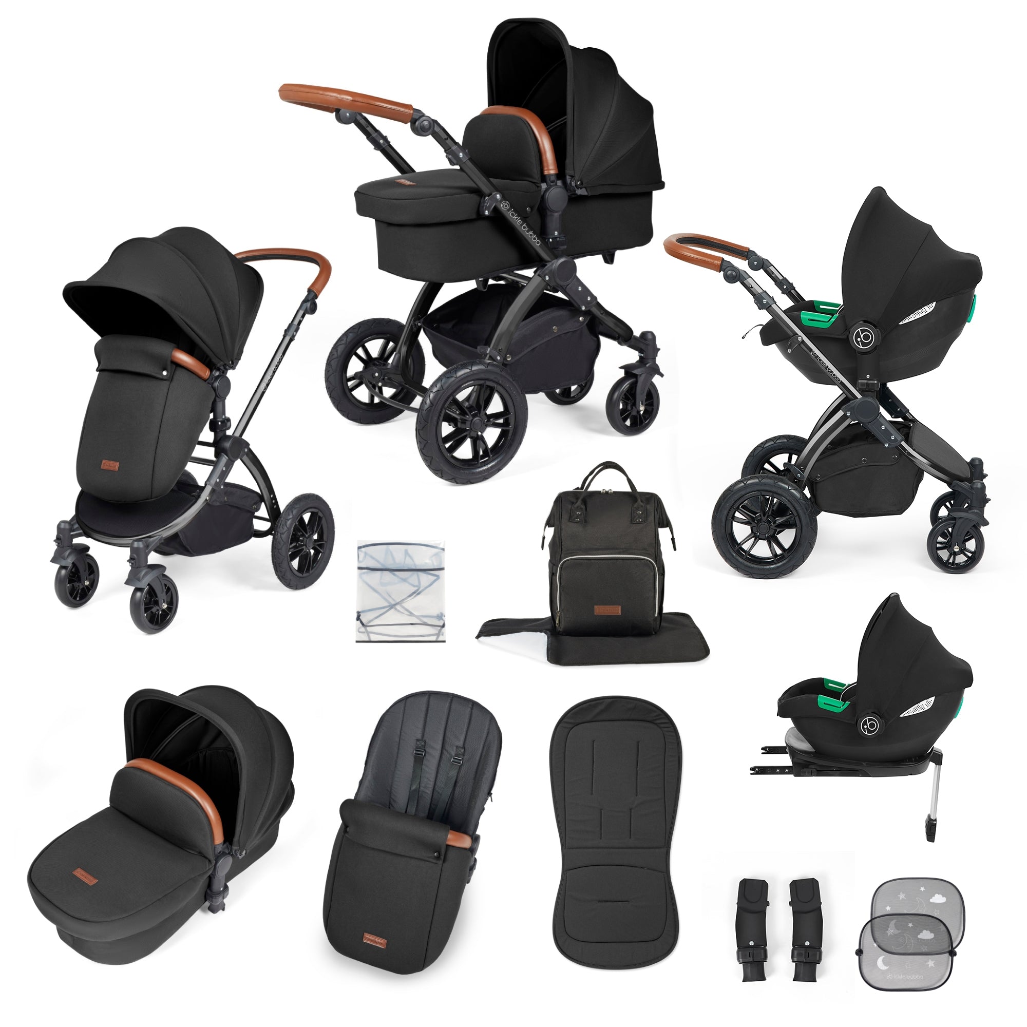 Ickle Bubba Stomp Luxe All-in-One Travel System With Isofix Base - Black / Midnight / Tan   