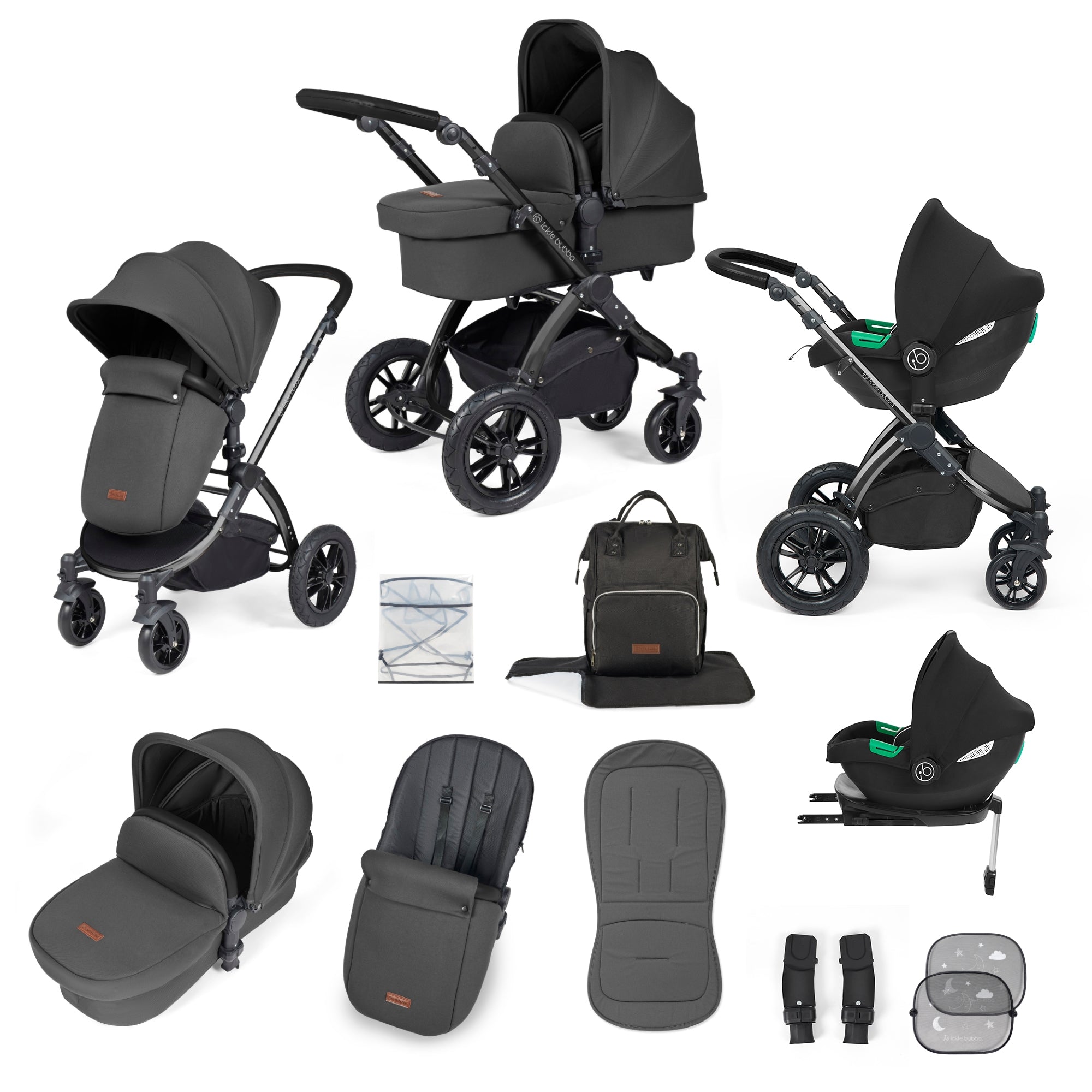 Ickle Bubba Stomp Luxe All-in-One Travel System With Isofix Base - Black / Charcoal Grey / Black   