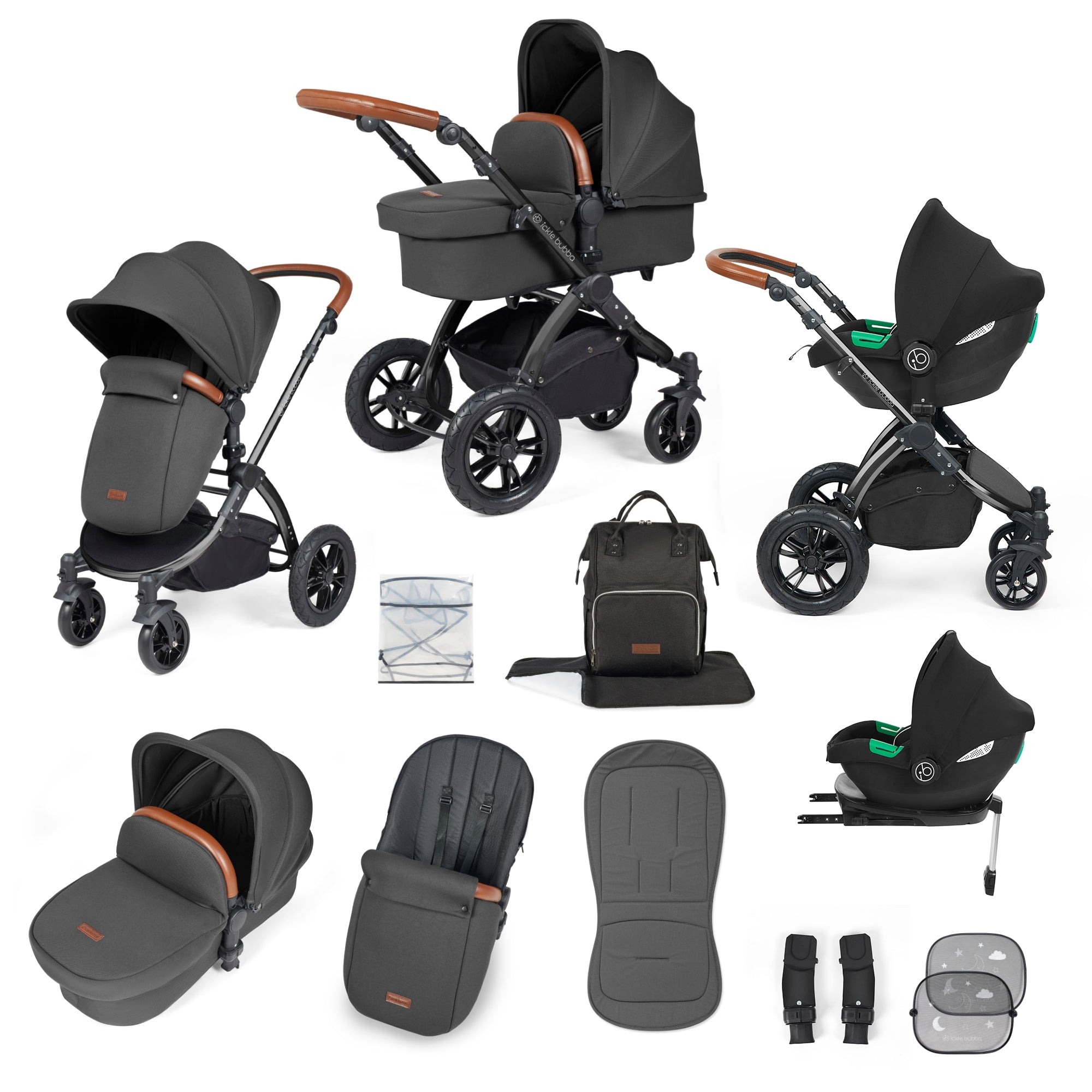 Ickle Bubba Stomp Luxe All-in-One Travel System With Isofix Base - Black / Charcoal Grey / Tan   