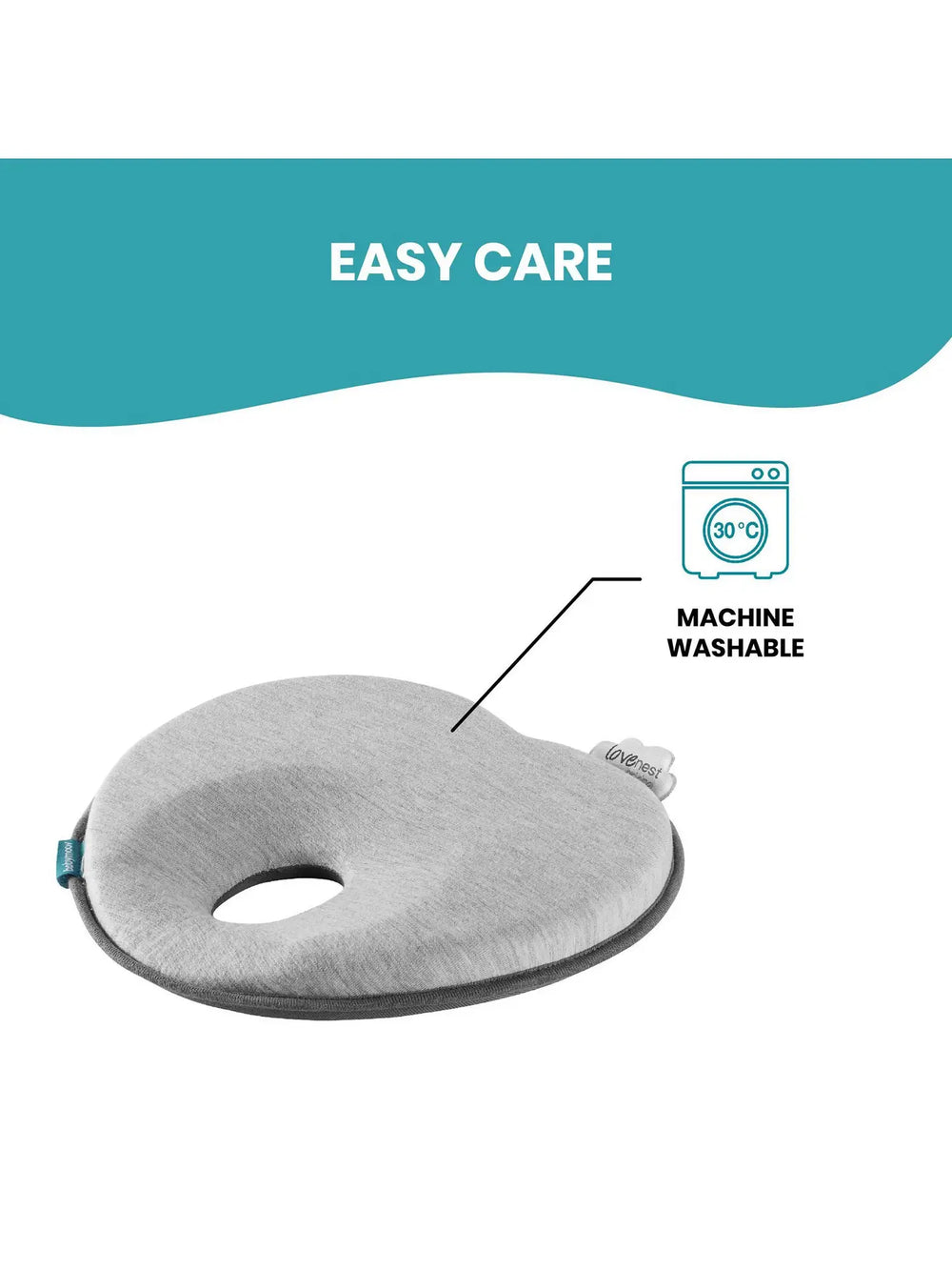 Babymoov Lovenest Original organic baby head support cushion in gray, with a central opening.