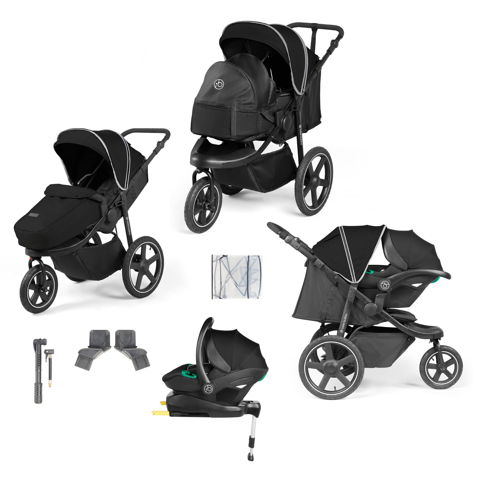 Ickle Bubba Venus Prime Jogger 3 Wheel Stroller I-Size Travel System with Isofix Base - Black   