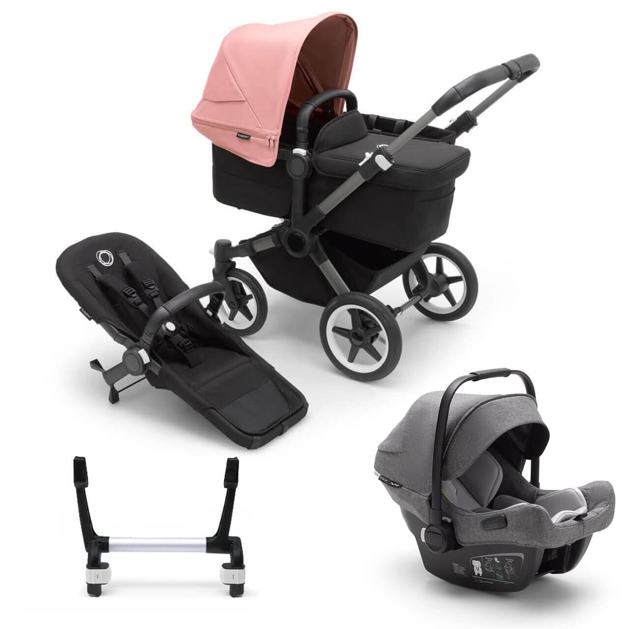 Bugaboo Donkey 5 Mono Travel System on Graphite/Black Chassis + Turtle Air - Choose Your Colour - Grey / Morning Pink | For Your Little One