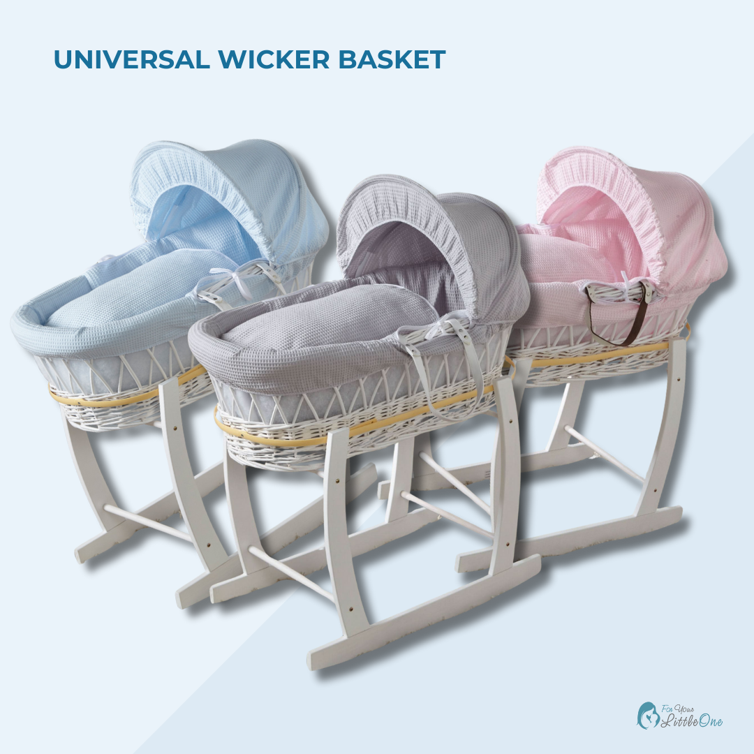 Blue Waffle White Wicker Baby Moses Basket With Stand