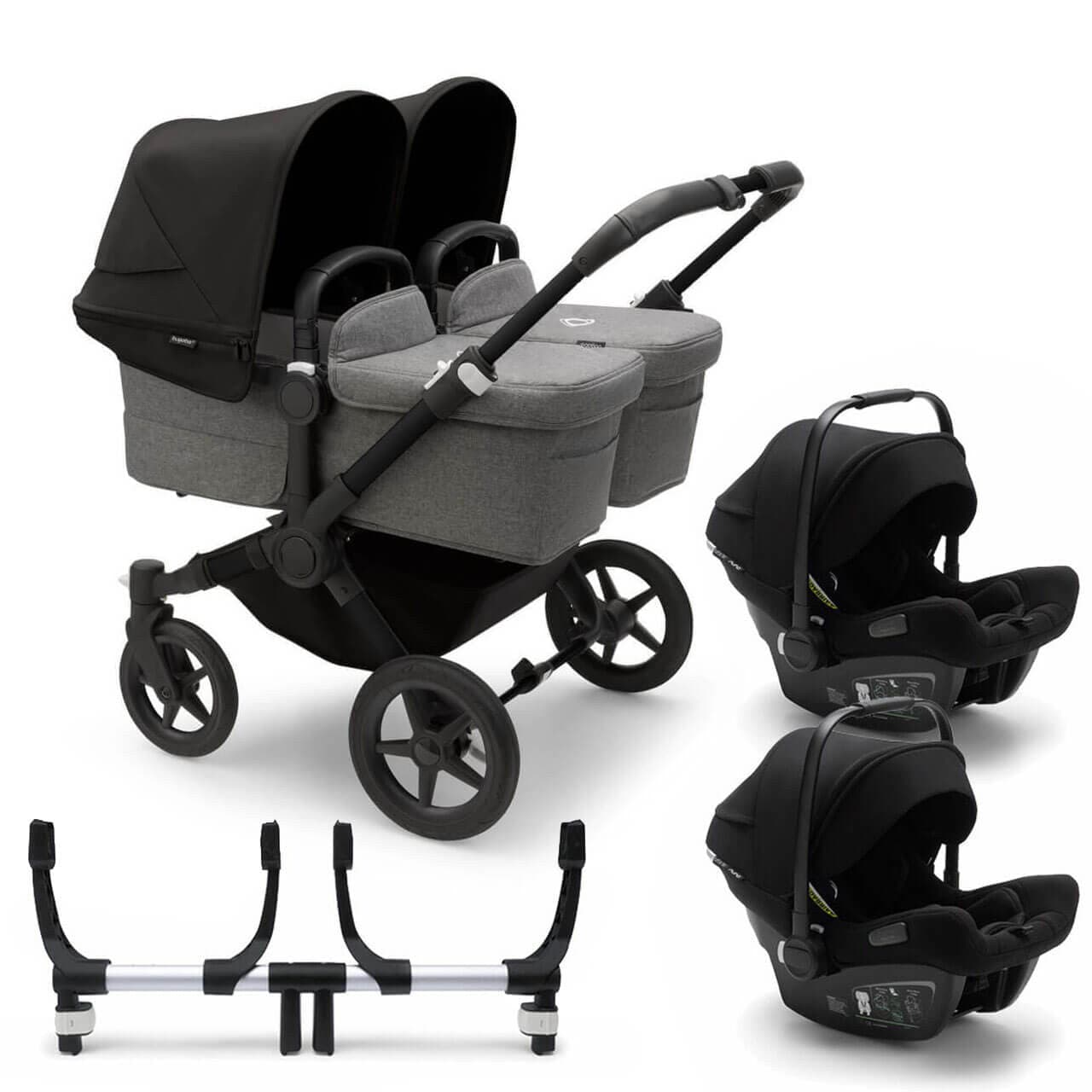 Bugaboo Donkey 5 Twin Travel System on Black/Grey Chassis + Turtle Air - Choose Your Colour - Midnight Black / Black | For Your Little One