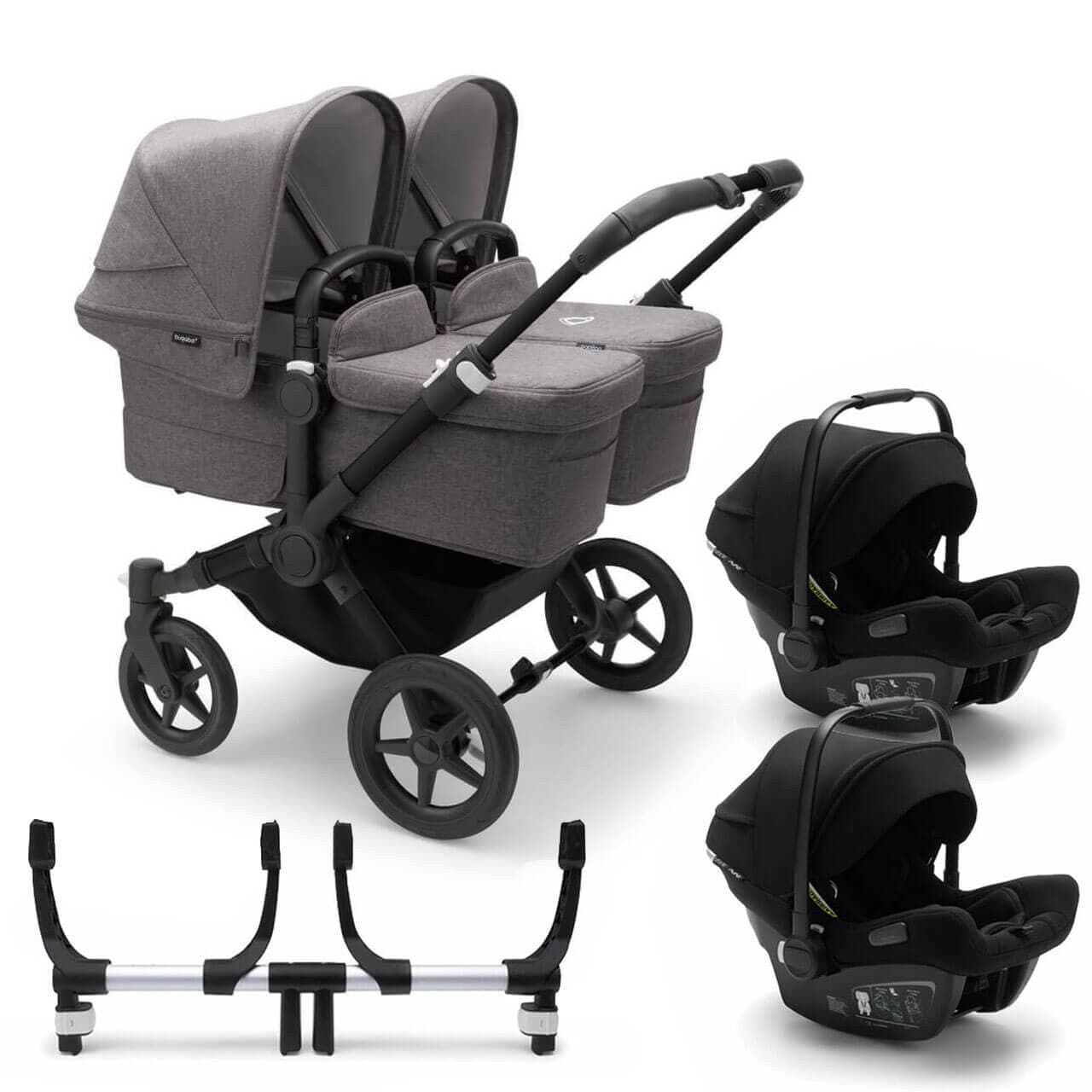 Bugaboo Donkey 5 Twin Travel System on Black/Grey Chassis + Turtle Air - Choose Your Colour Grey Melange Black 