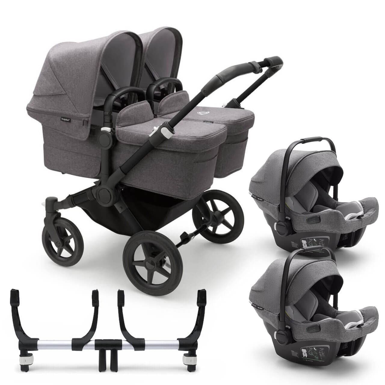 Bugaboo Donkey 5 Twin Travel System on Black/Grey Chassis + Turtle Air - Choose Your Colour - Grey Melange / Grey | For Your Little One