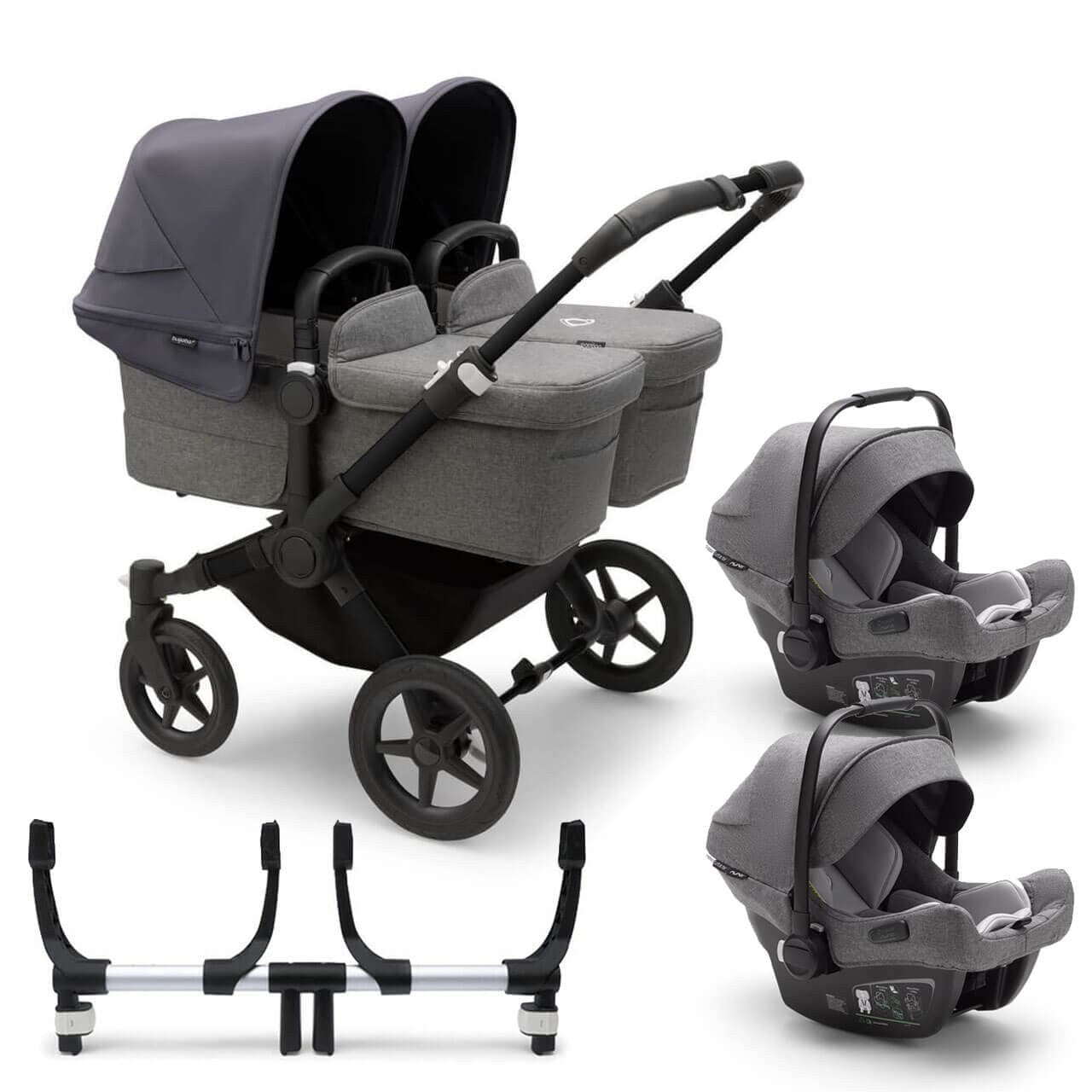 Bugaboo Donkey 5 Twin Travel System on Black/Grey Chassis + Turtle Air - Choose Your Colour - Stormy Blue / Grey | For Your Little One