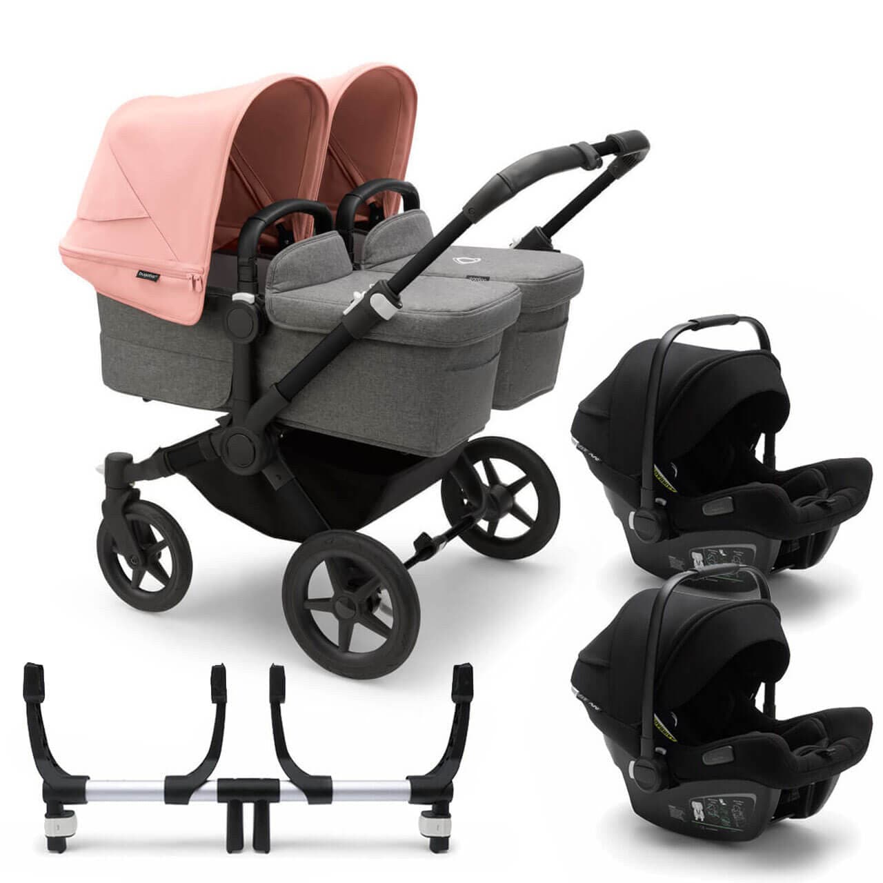 Bugaboo Donkey 5 Twin Travel System on Black/Grey Chassis + Turtle Air - Choose Your Colour - Morning Pink / Black | For Your Little One