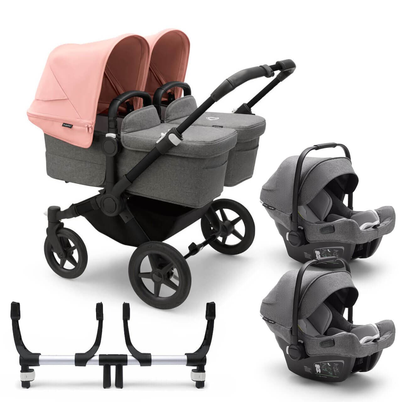 Bugaboo Donkey 5 Twin Travel System on Black/Grey Chassis + Turtle Air - Choose Your Colour - Morning Pink / Grey | For Your Little One