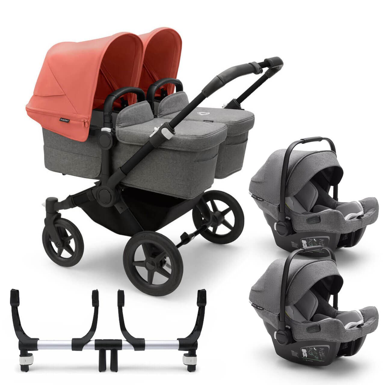 Bugaboo Donkey 5 Twin Travel System on Black/Grey Chassis + Turtle Air - Choose Your Colour - Sunrise Red / Grey | For Your Little One