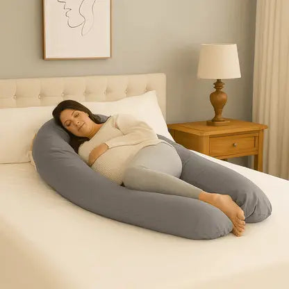 Woman lying on a bed with a U-shaped body pillow in a bedroom setting.
