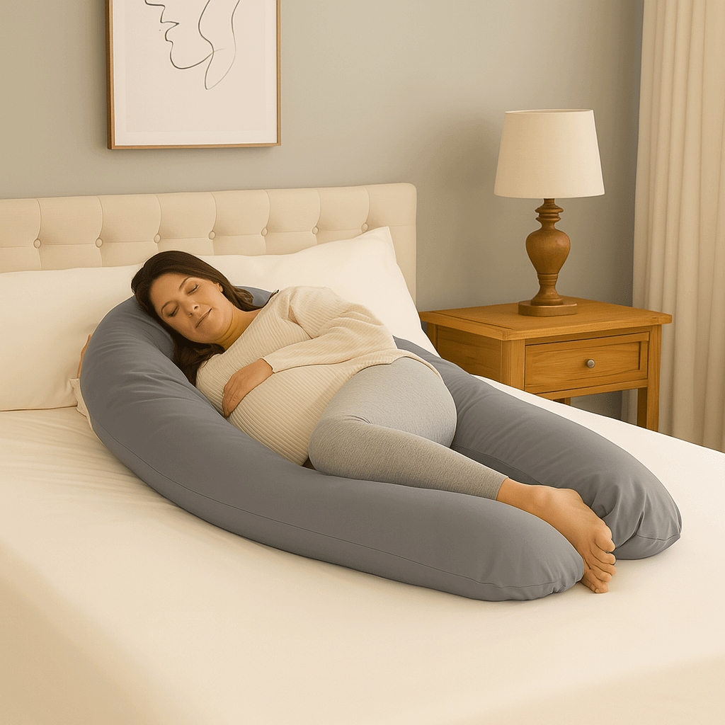 Woman lying on a bed with a U-shaped body pillow in a bedroom setting.