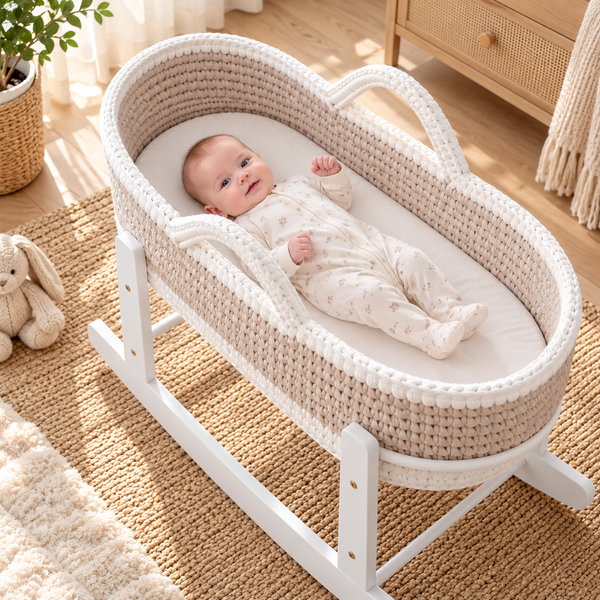 Crochet Moses Baskets With Stand - Beige / White