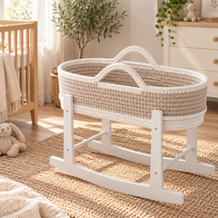 Crochet Moses Baskets With Stand - Beige / White