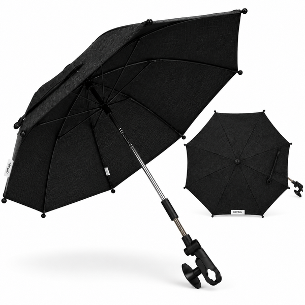 Black baby stroller parasol umbrella with clamp mounts and crank handle